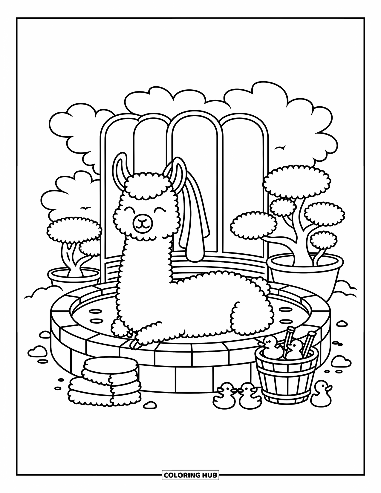Llama Coloring Page for Adults: A llama chills in a stone spring with steam, bonsai trees, and a bucket of duckies