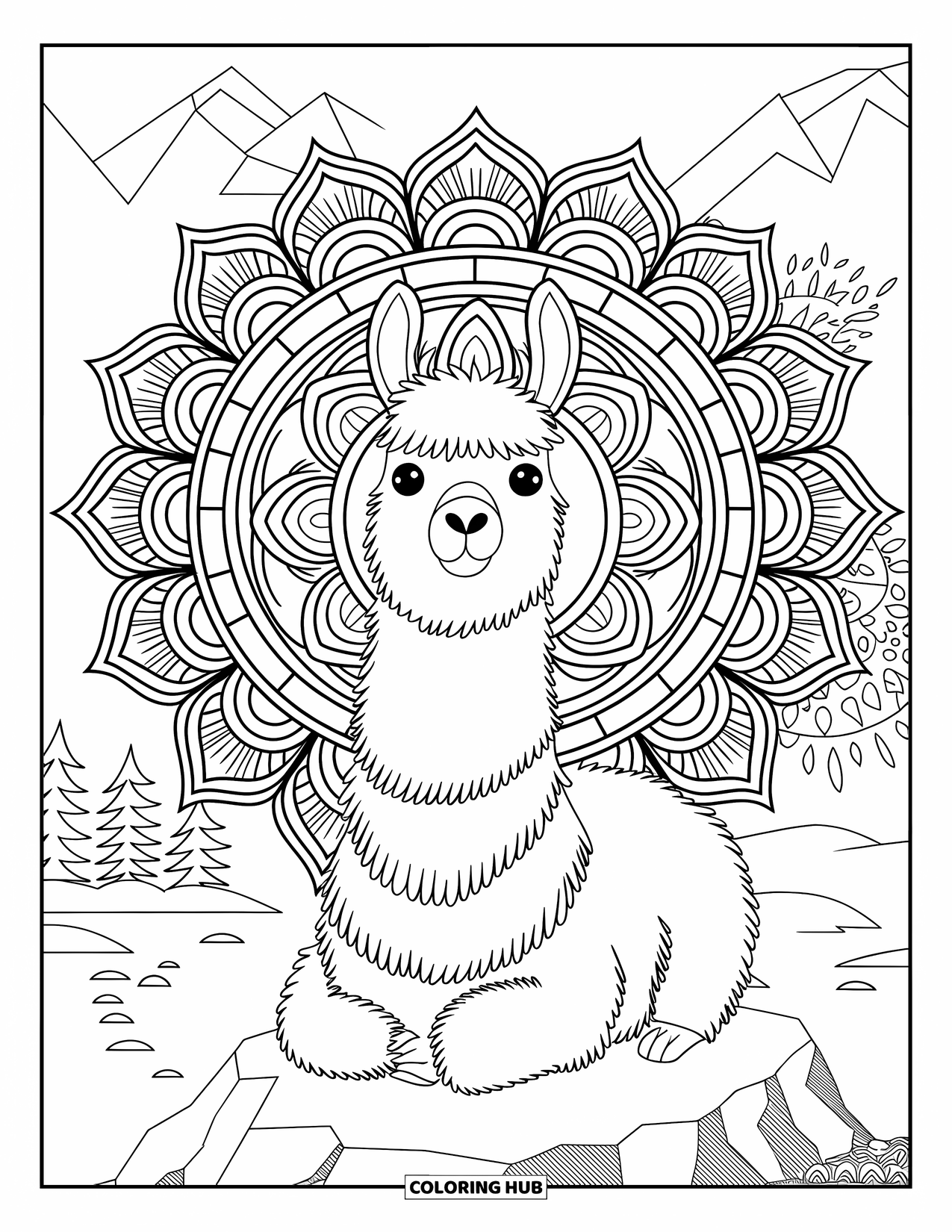 Llama Coloring Page for Adults: A llama on a rock faces forward, surrounded by detailed mandalas and nature