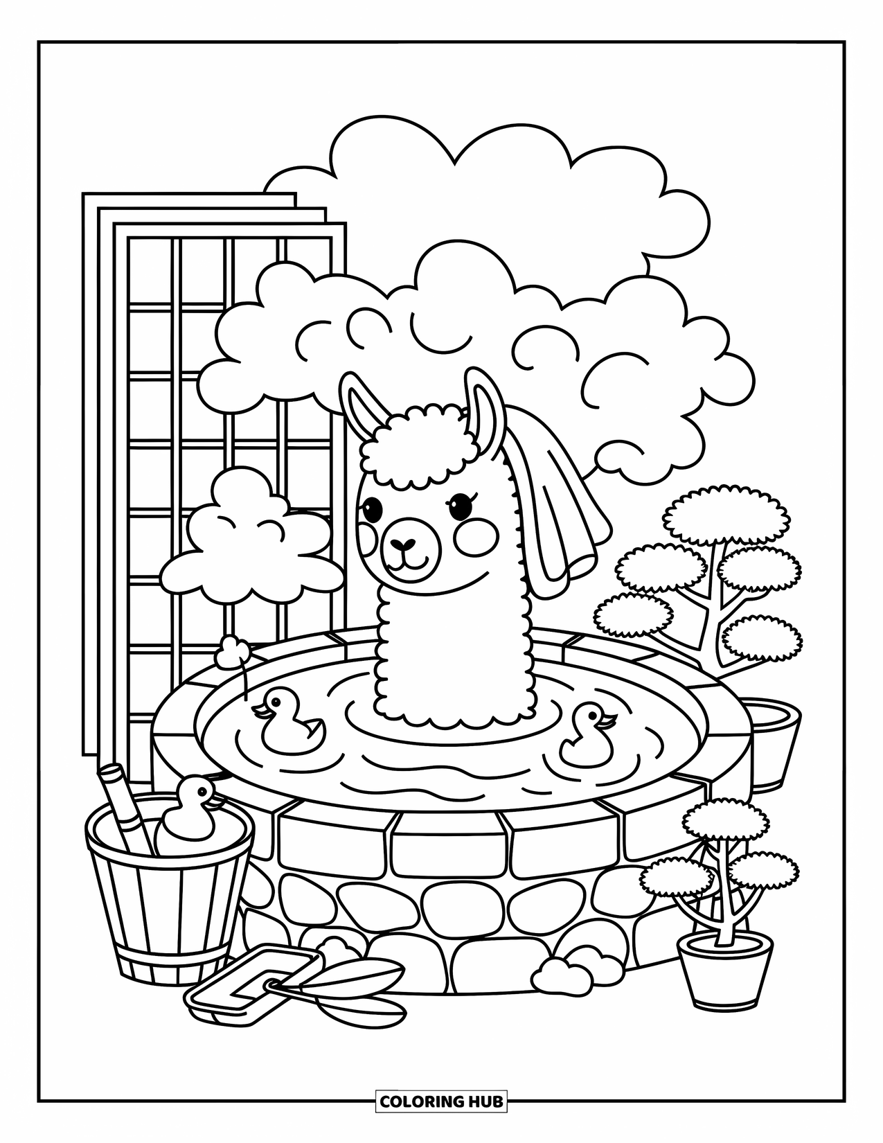 Llama Coloring Page for Adults: A llama rests in a hot spring with a towel on its head and duckies beside it
