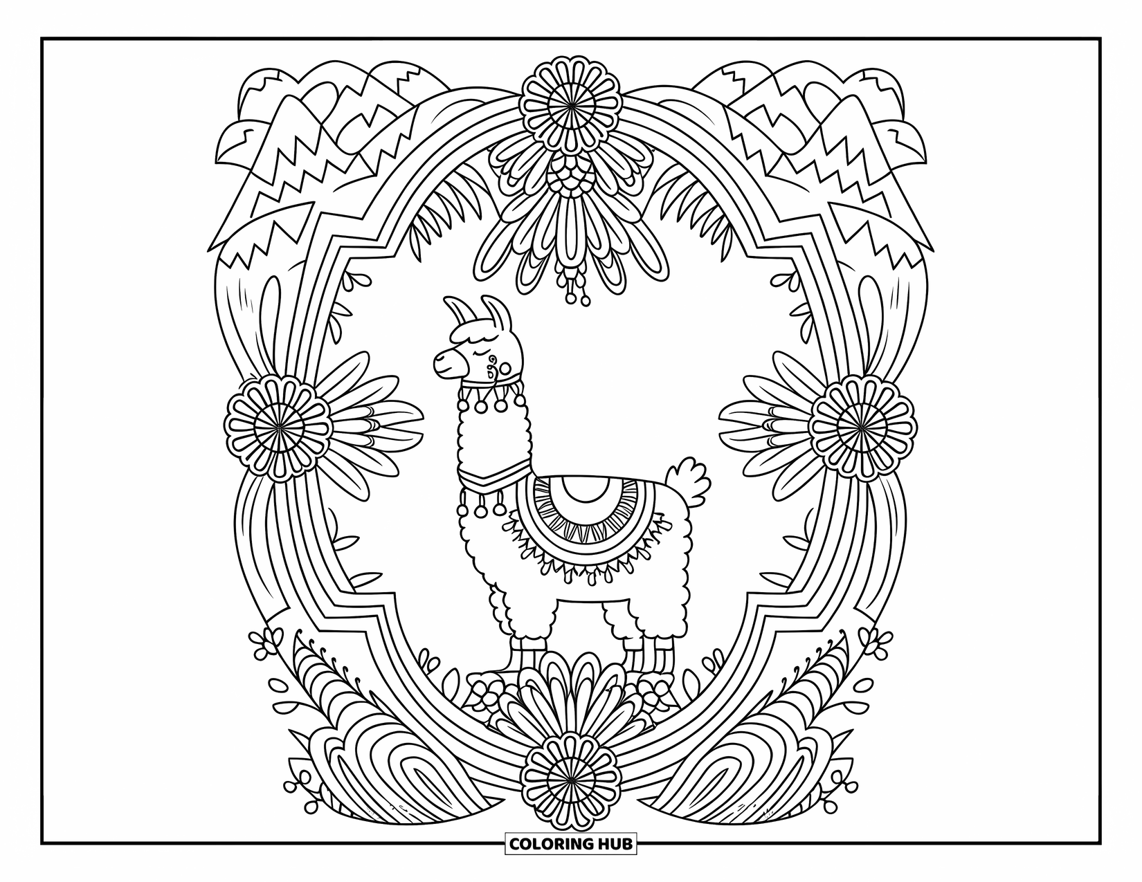 Llama Coloring Page for Adults: A llama sits at the center of a detailed floral and mountain-inspired border