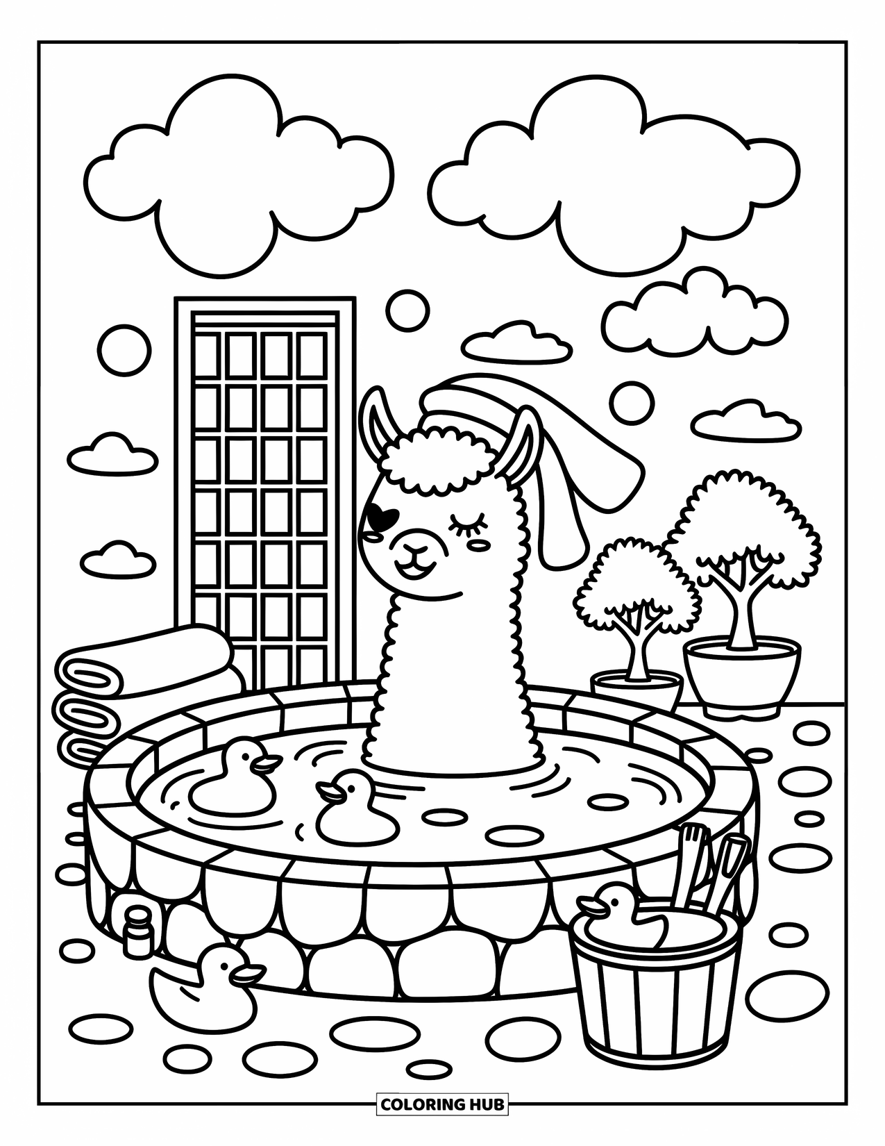 Llama Coloring Page for Adults: A llama soaks in a hot spring with steam, bonsai trees, and rubber duckies nearby