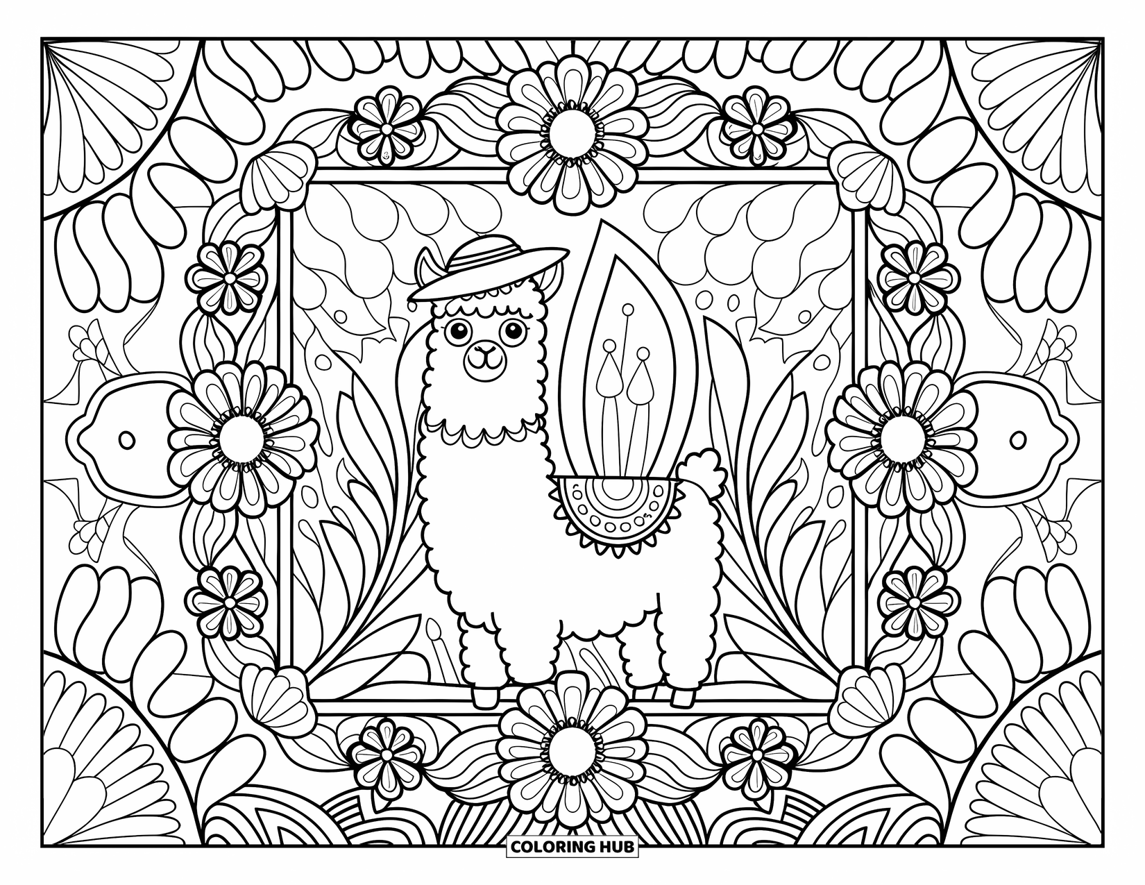 Llama Coloring Page for Adults: A llama with a hat smiles from the center of a floral and patterned frame