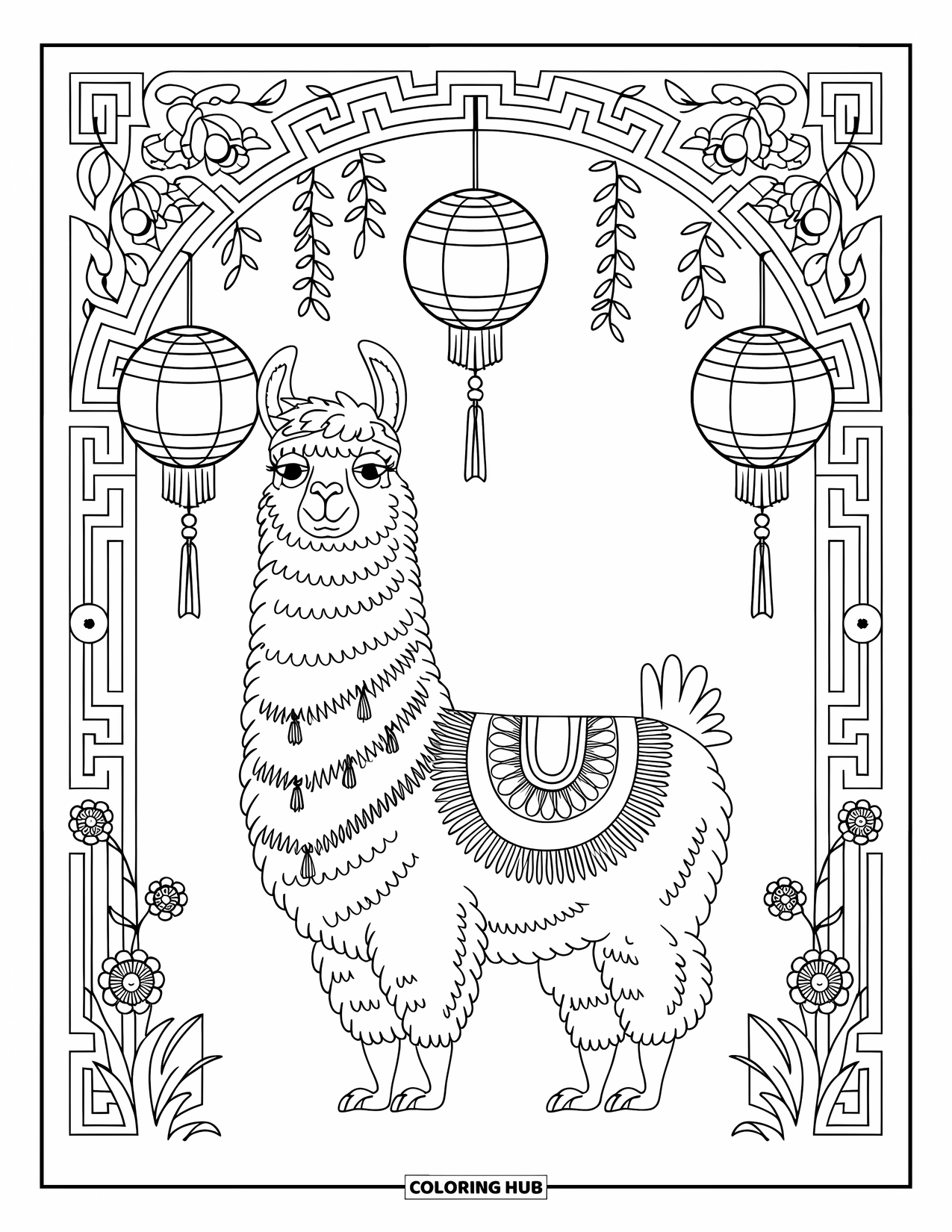 Llama Coloring Page for Adults: A llama with intricate fur stands beneath lanterns and swirling floral borders