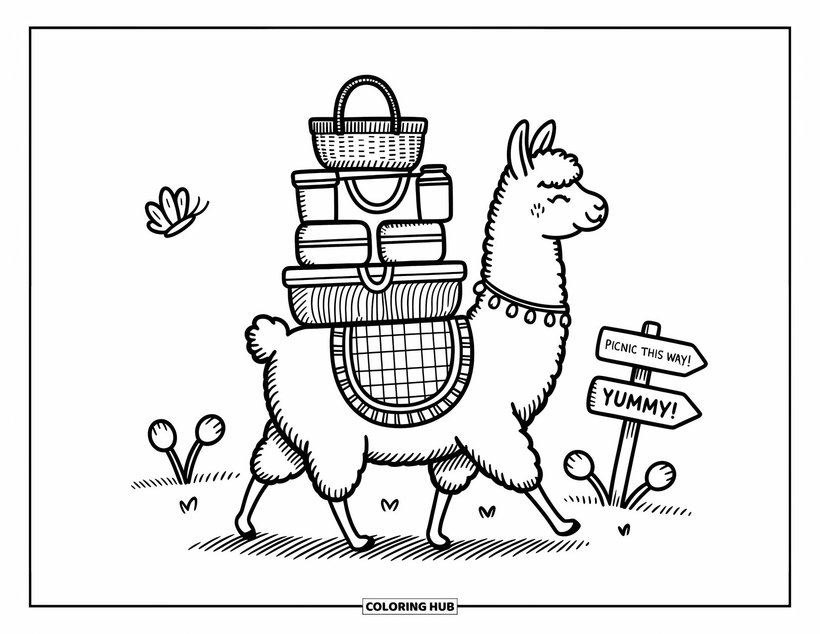 Llama Coloring Page for Adults: A llama with picnic items trots near a butterfly and a cute sign in the meadow