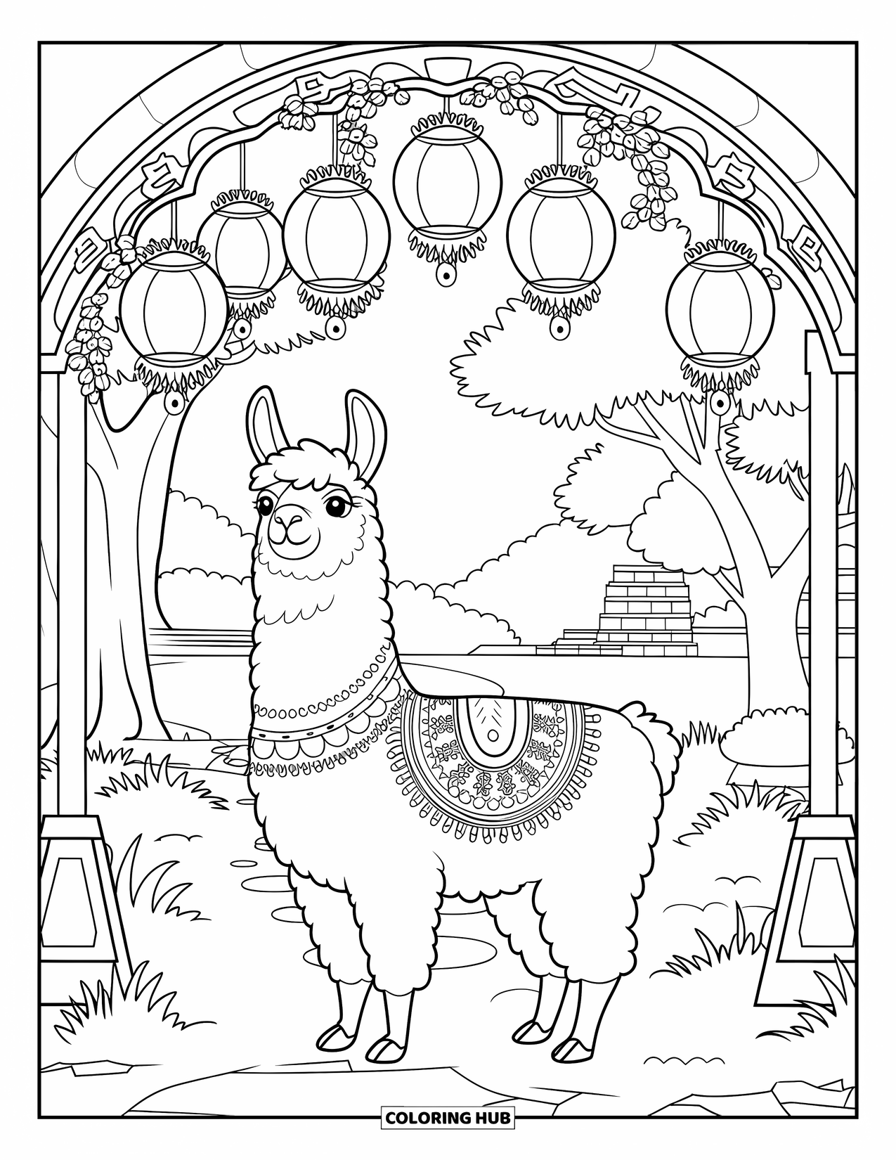 Llama Coloring Page for Adults: A patterned llama stands under lanterns and vines in a quiet garden