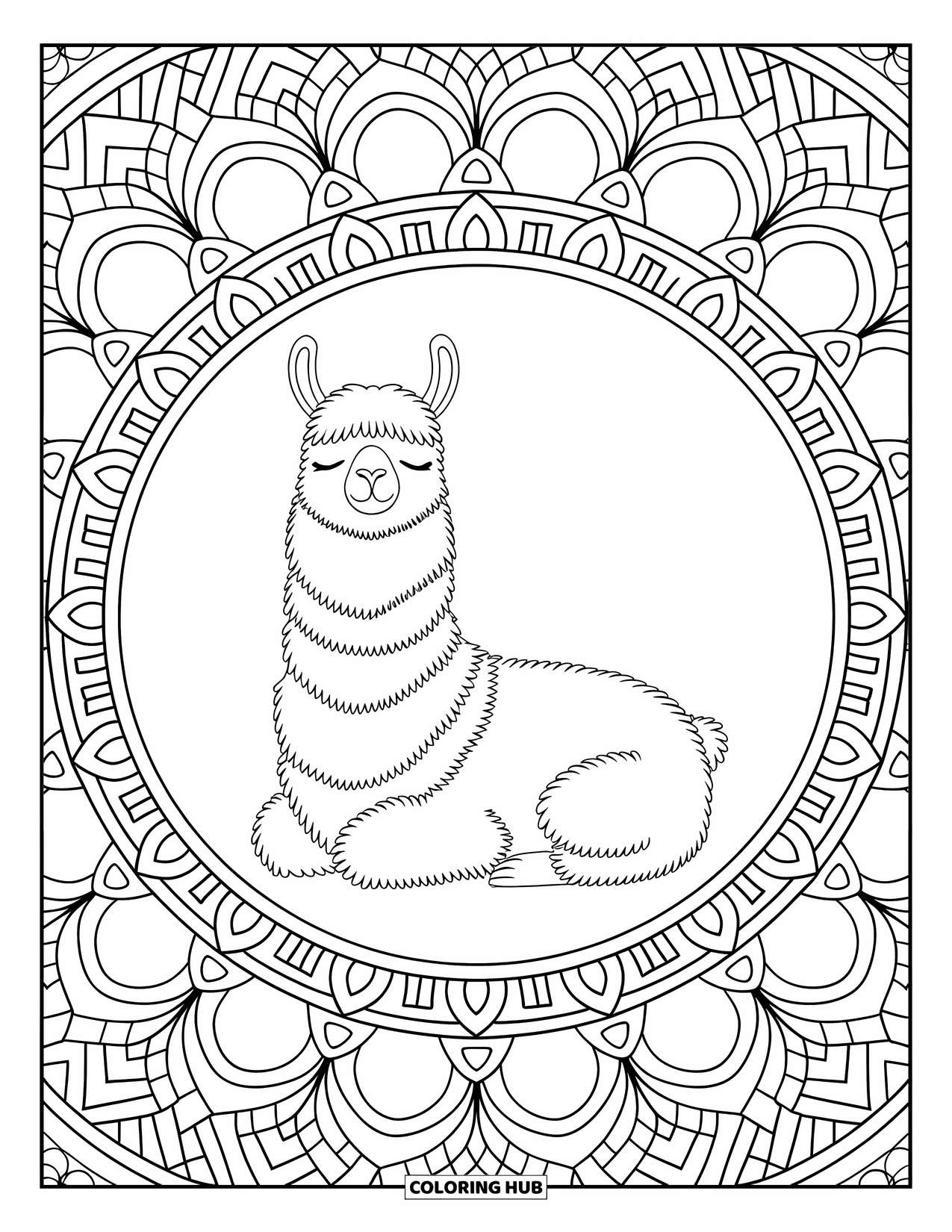 Llama Coloring Page for Adults: A peaceful llama sits surrounded by intricate mandalas in a circular frame