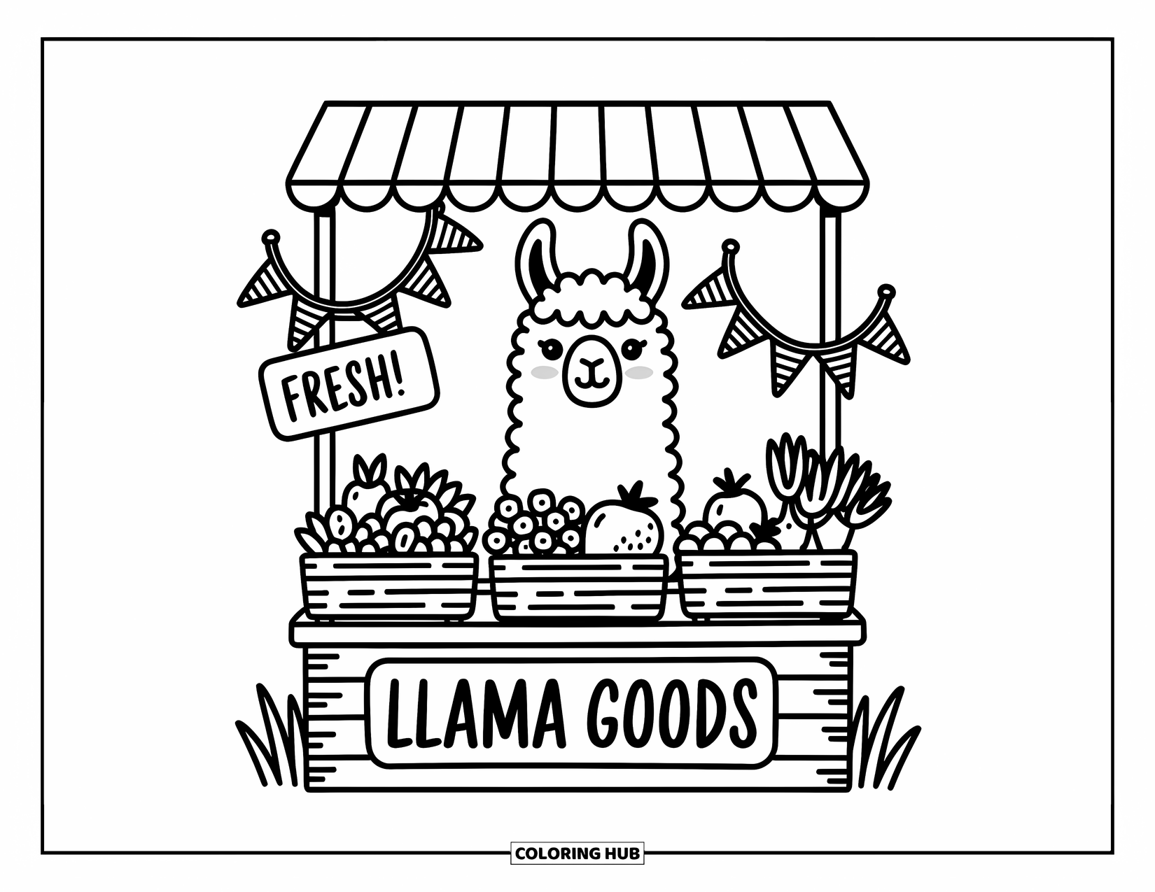 Llama Coloring Page for Adults: A peeking llama stands behind a cozy stall filled with fruit, flowers, and cheerful flags