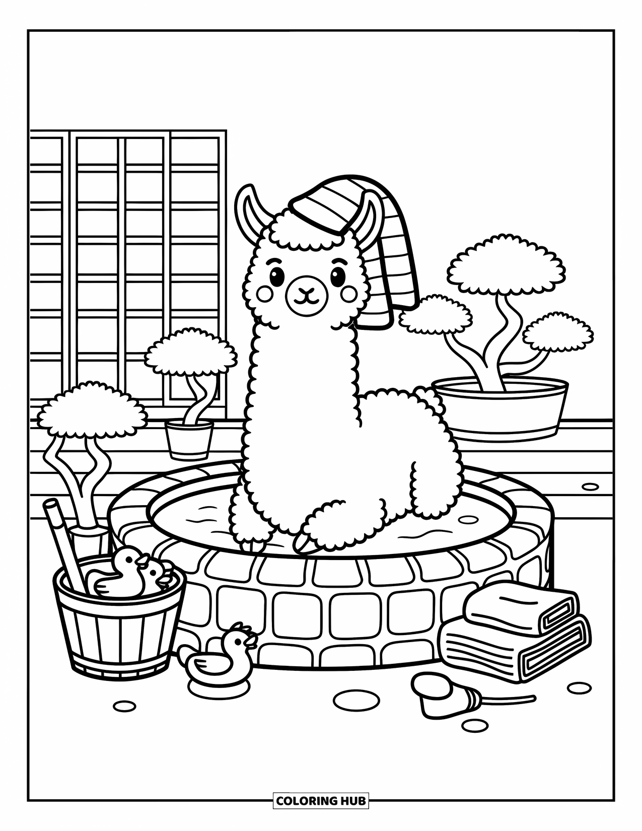Llama Coloring Page for Adults: A relaxed llama lounges in a steamy spring with towels, duckies, and tiny bonsais