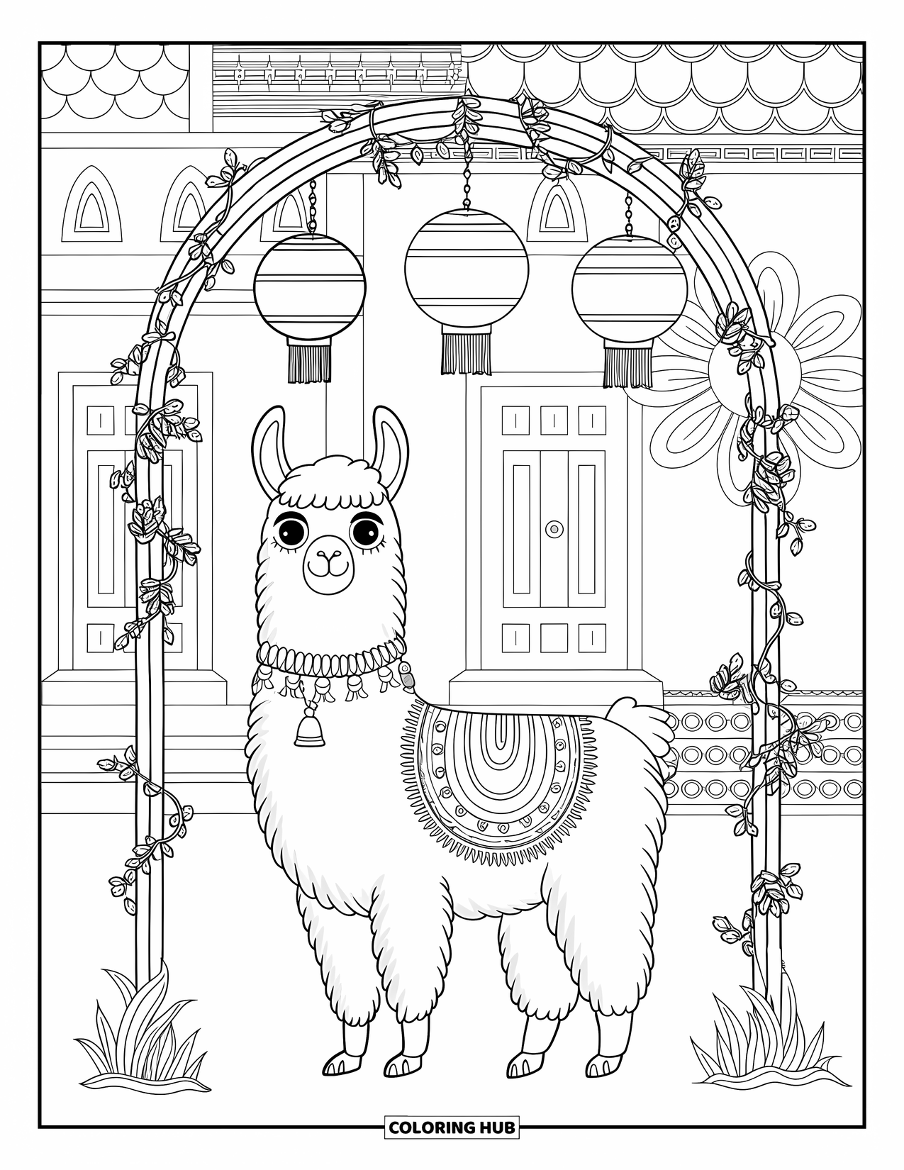 Llama Coloring Page for Adults: A scarfed llama with a bell stands beneath lanterns and floral patterns