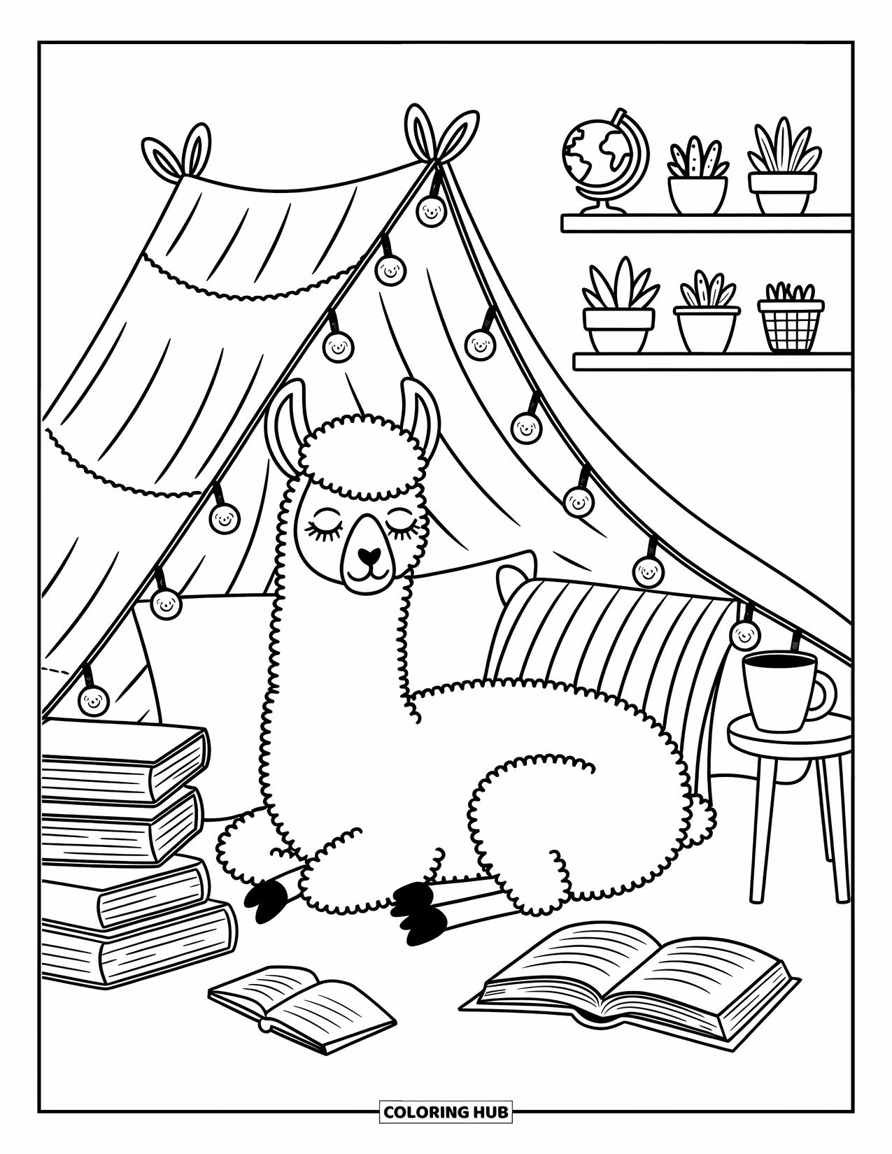 Llama Coloring Page for Adults: A sleepy llama relaxes in a book-filled fort with pillows, lights, and a warm drink