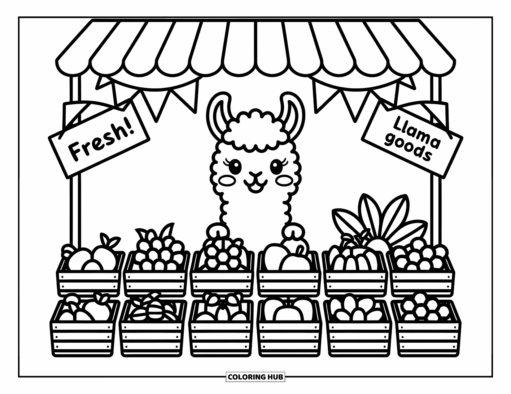 Llama Coloring Page for Adults: A sweet llama peeks from a stall filled with fruits, veggies, flowers, and playful signs