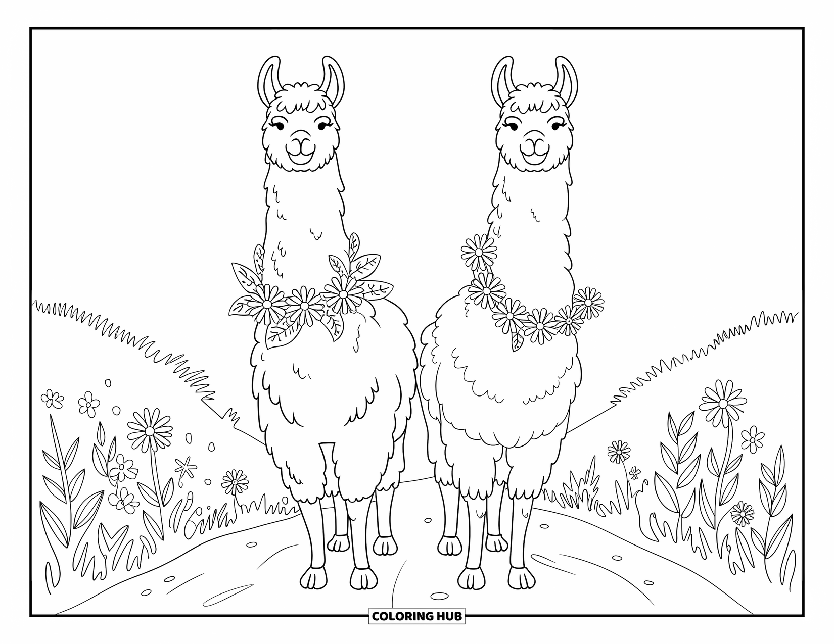 Llama Coloring Page for Adults: Back-to-back llamas with garlands stand on a quiet path through wildflowers