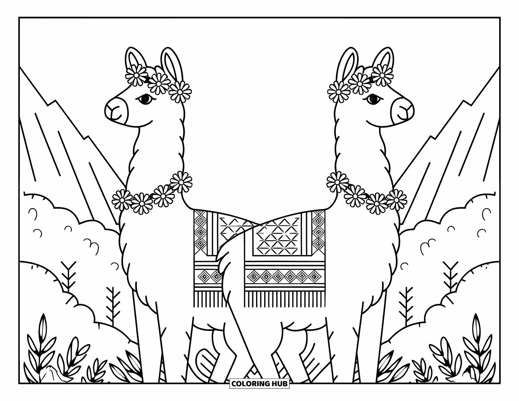 Llama Coloring Page for Adults: Two llamas in patterned blankets stand back-to-back with greenery all around