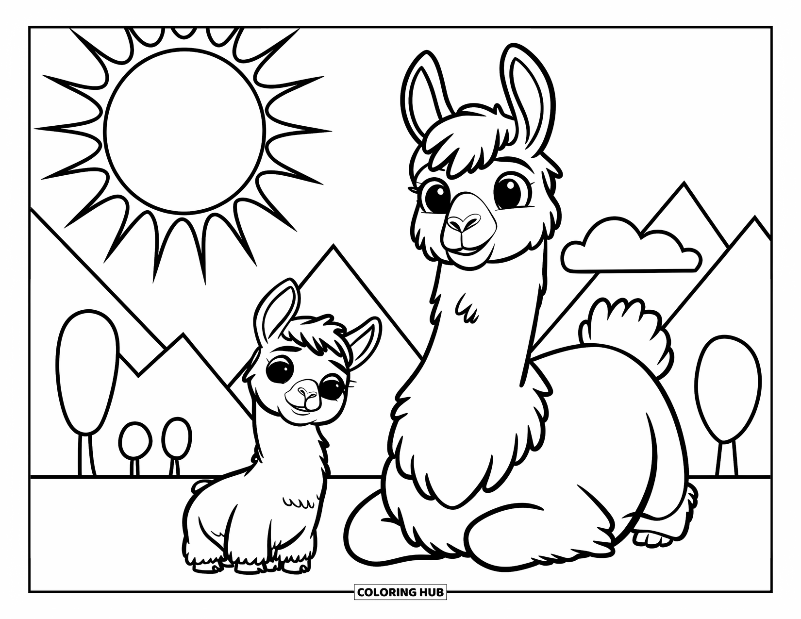 Llama Coloring Page for Kids: A baby llama and its mother rest together under the sun and near the trees