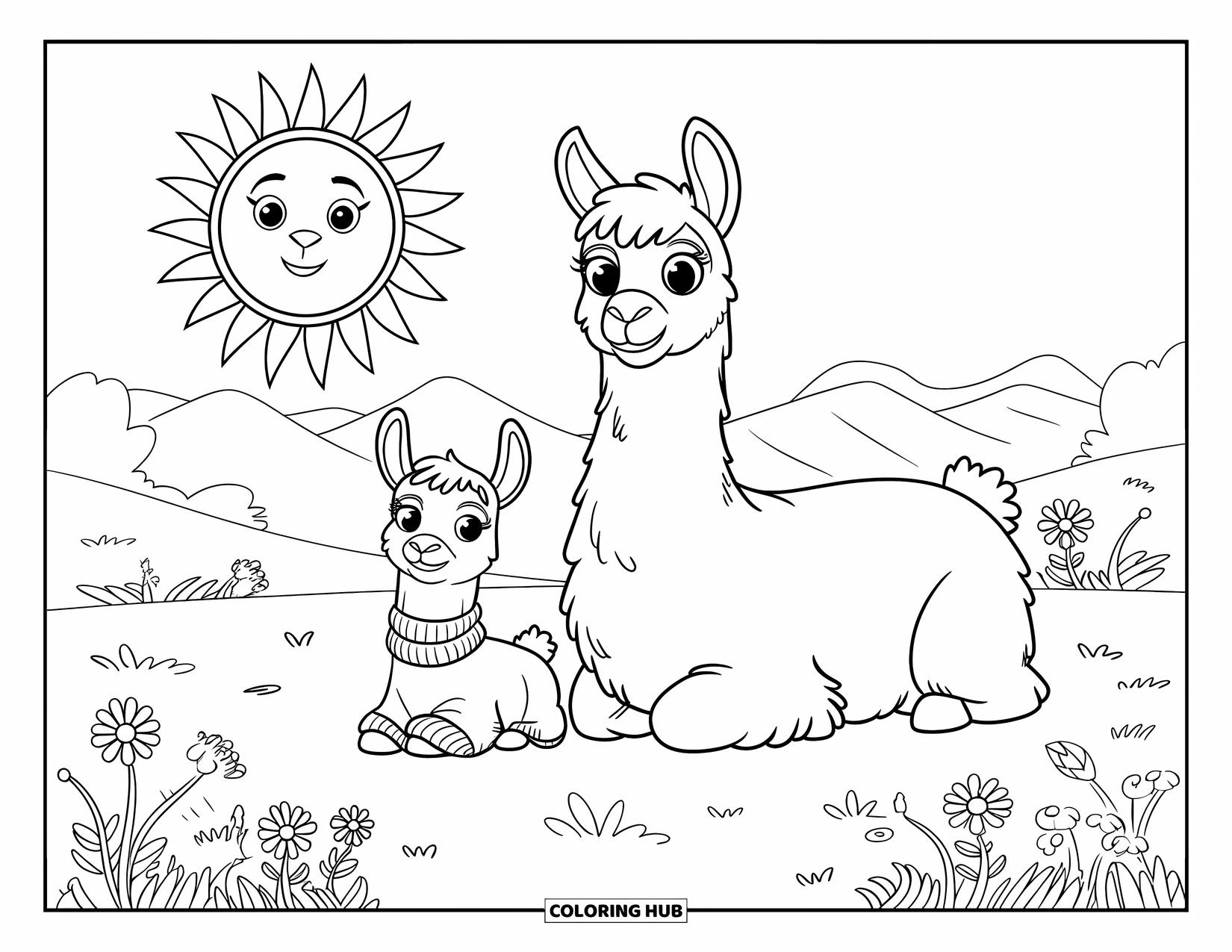 Llama Coloring Page for Kids: A baby llama in a sweater sits with its mom under a big smiling sun