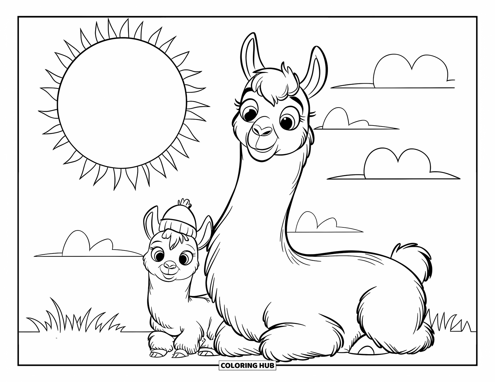Llama Coloring Page for Kids: A baby llama sits beside its mom under a sunny sky