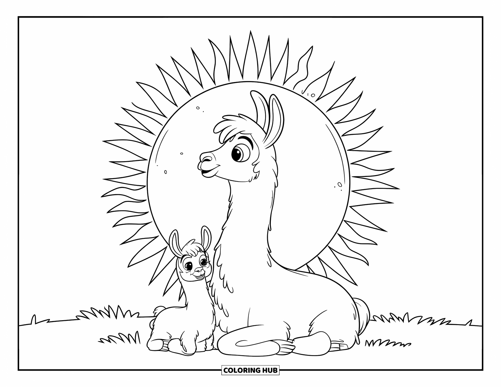 Llama Coloring Page for Kids: A baby llama sits quietly beside its mom in an open grassy field