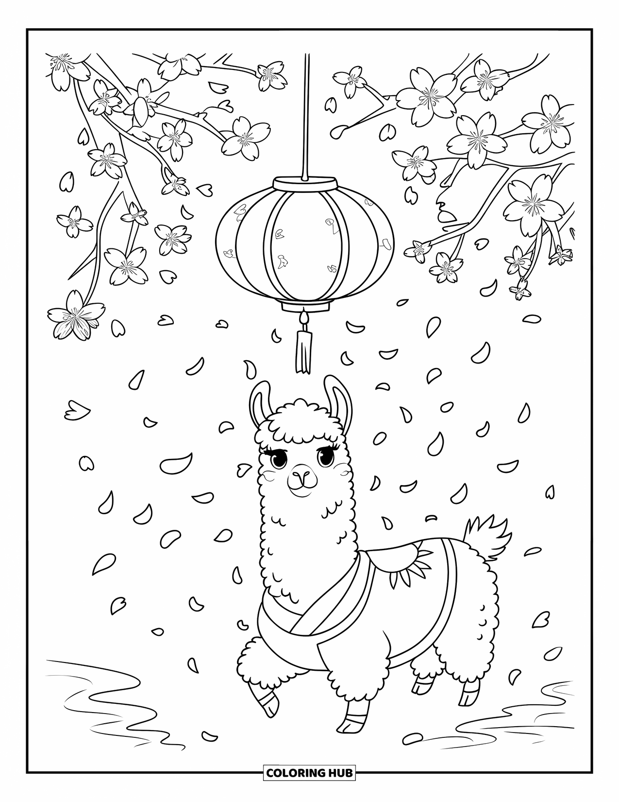 Llama Coloring Page for Kids: A calm llama in a robe rests under lantern light and cherry blossom petals