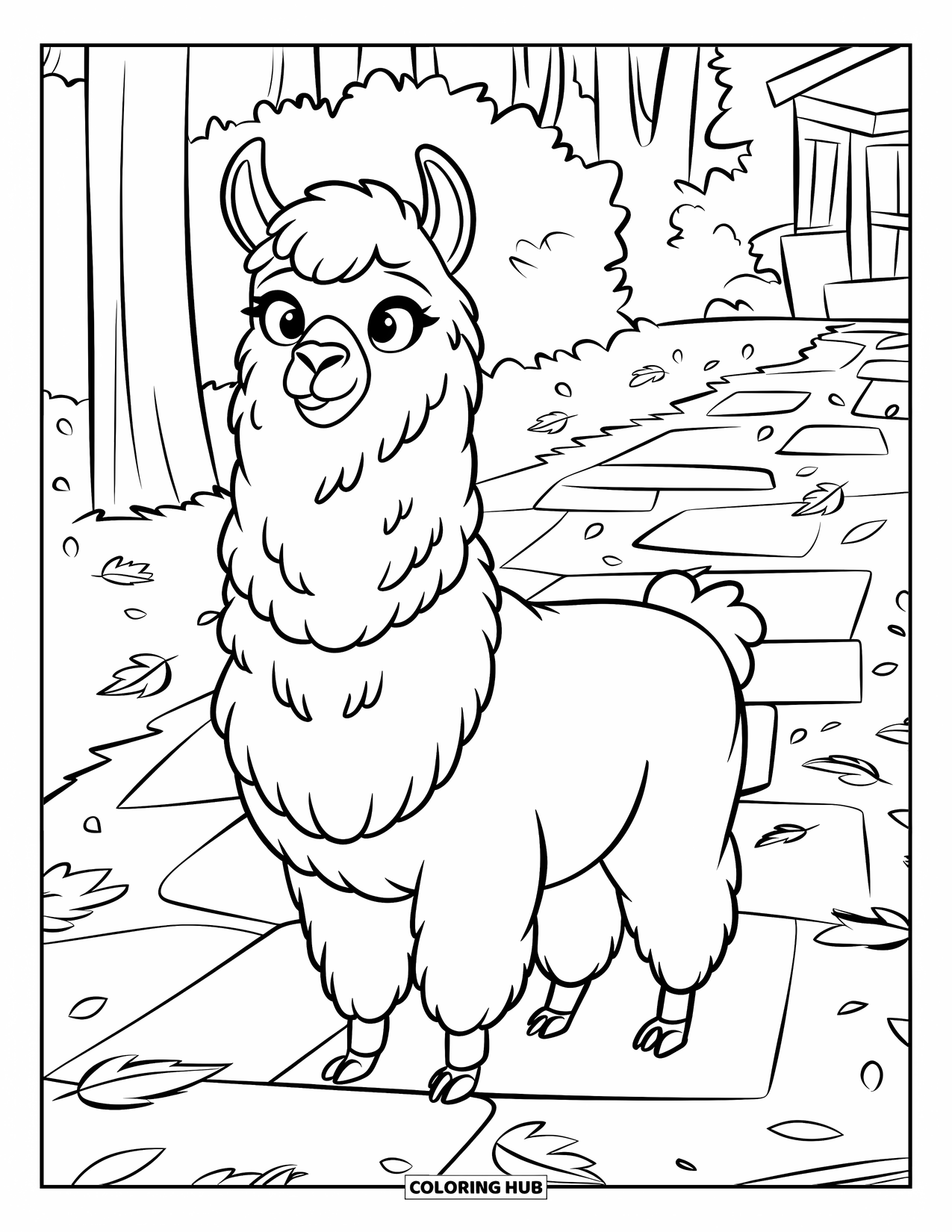 Llama Coloring Page for Kids: A calm llama with a collar stands on a stone path covered in leaves
