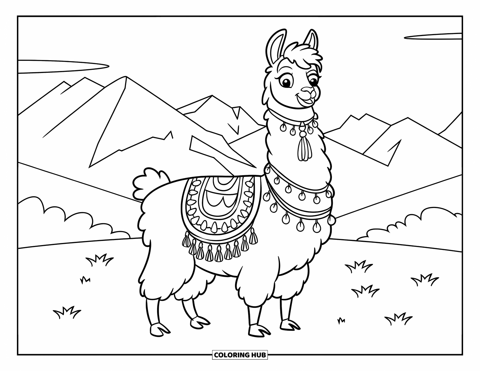 Llama Coloring Page for Kids: A calm llama with a fancy saddle stands on a grassy field by the mountains