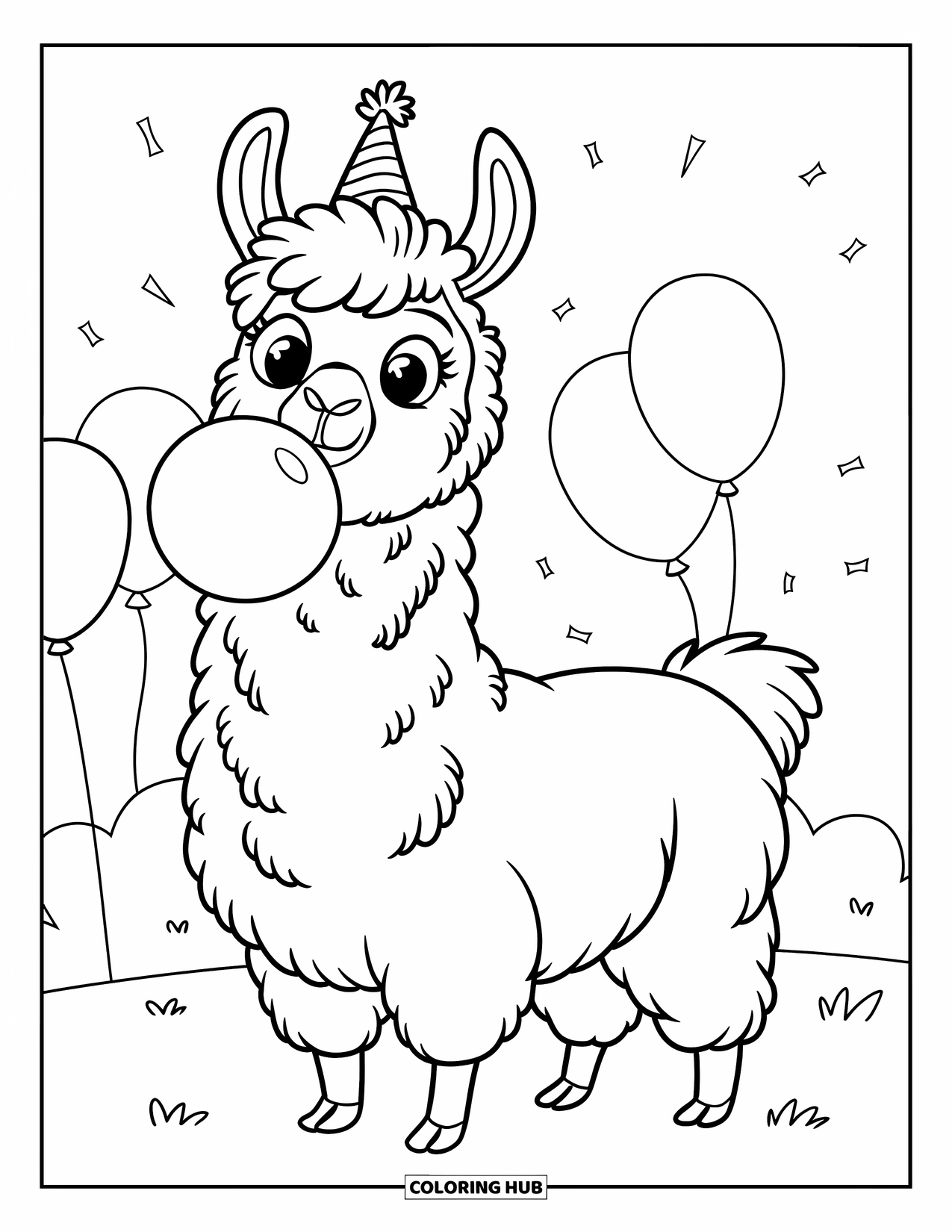 Llama Coloring Page for Kids: A cheerful llama in a party hat holds a balloon in a grassy field