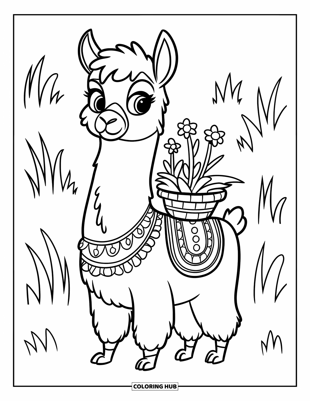 Llama Coloring Page for Kids: A cheerful llama walks on grass with flowers in a basket on its back
