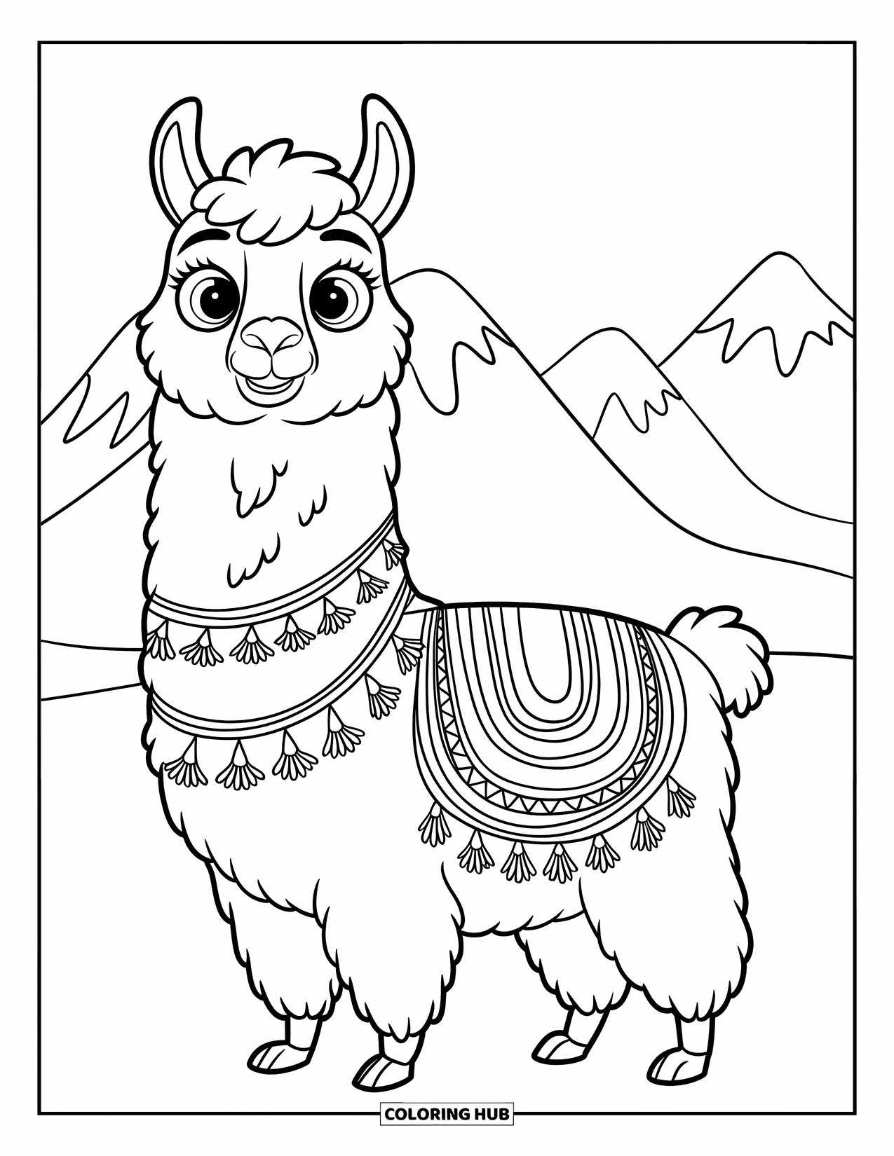 Llama Coloring Page for Kids: A cheerful llama with big eyes stands by curved mountains