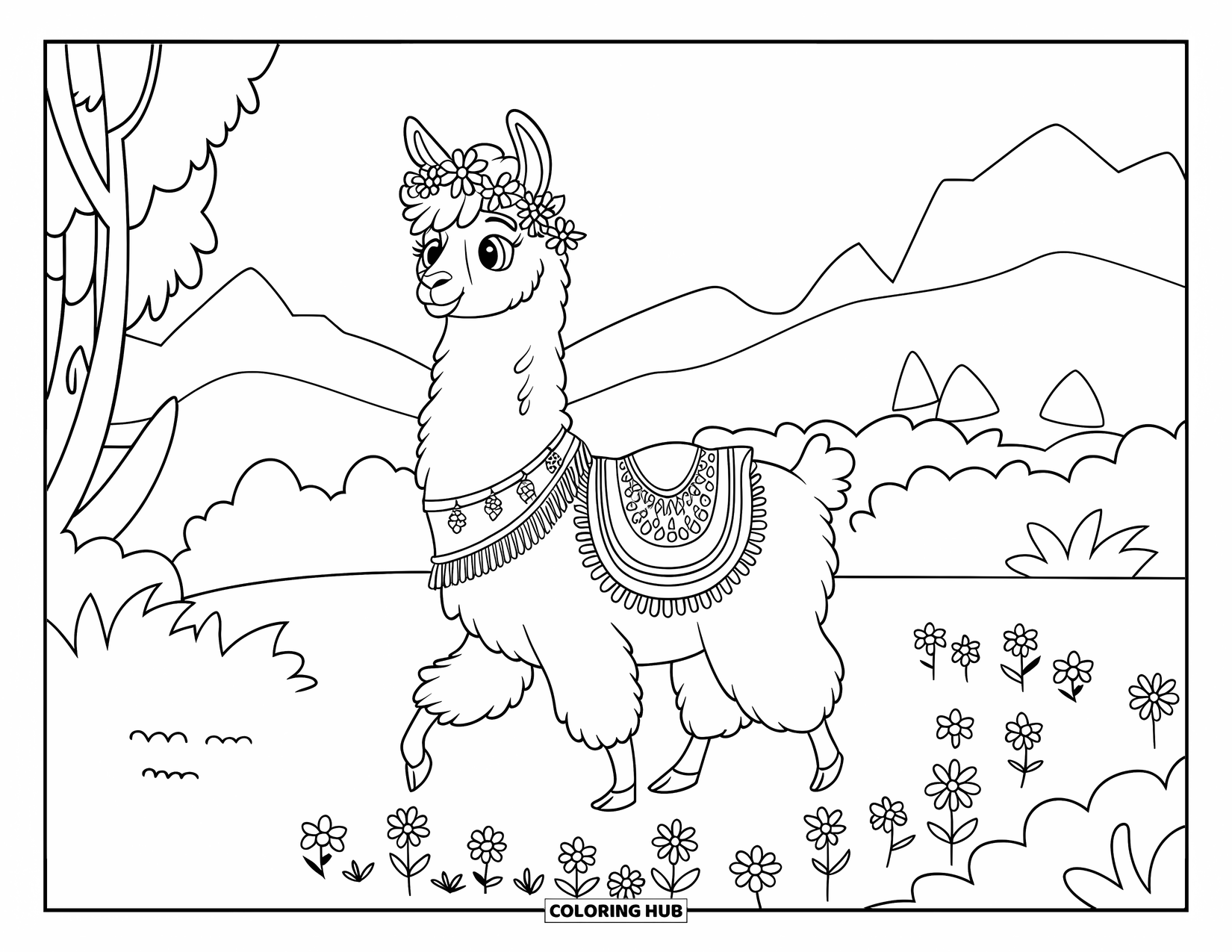 Llama Coloring Page for Kids: A flower-crowned llama walks a trail of blooms through a mountain meadow