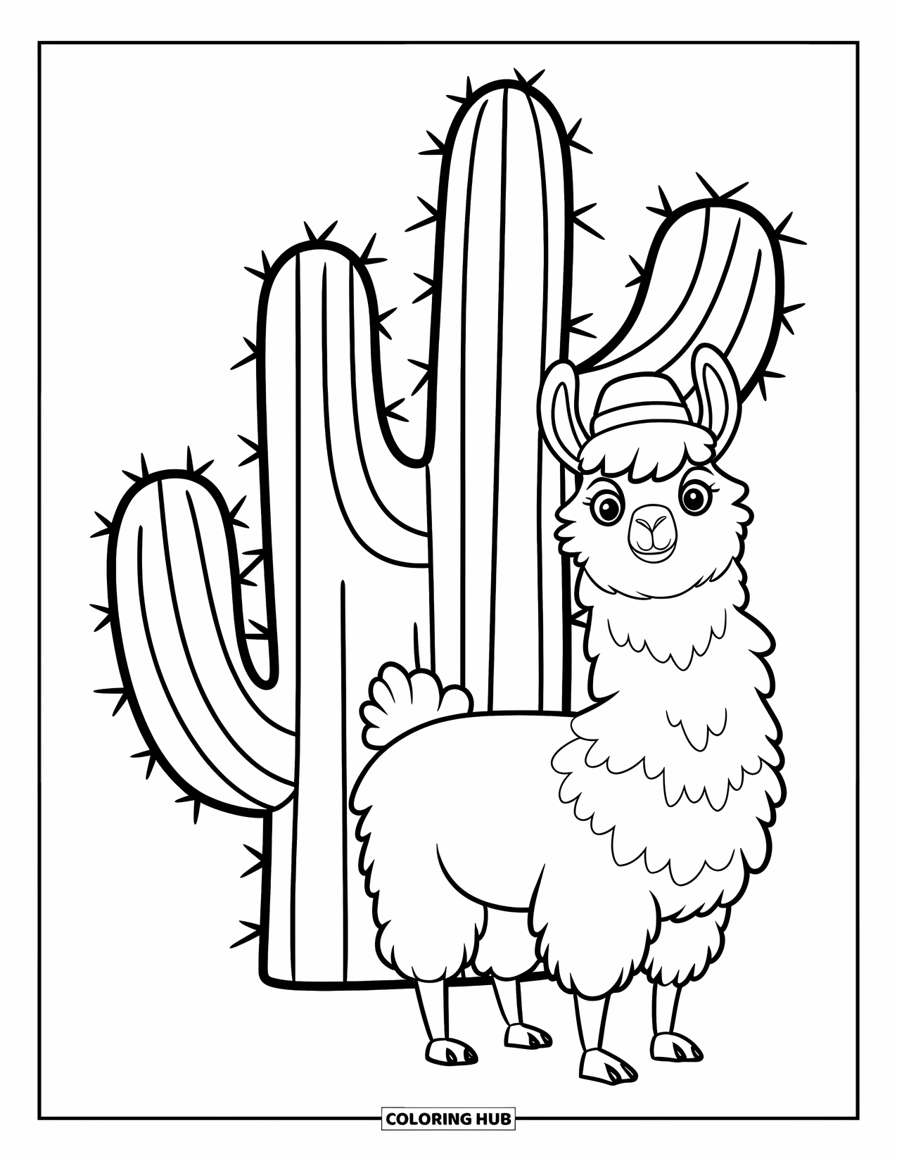 Llama Coloring Page for Kids: A fluffy llama in a red hat stands near a cactus with spiky branches