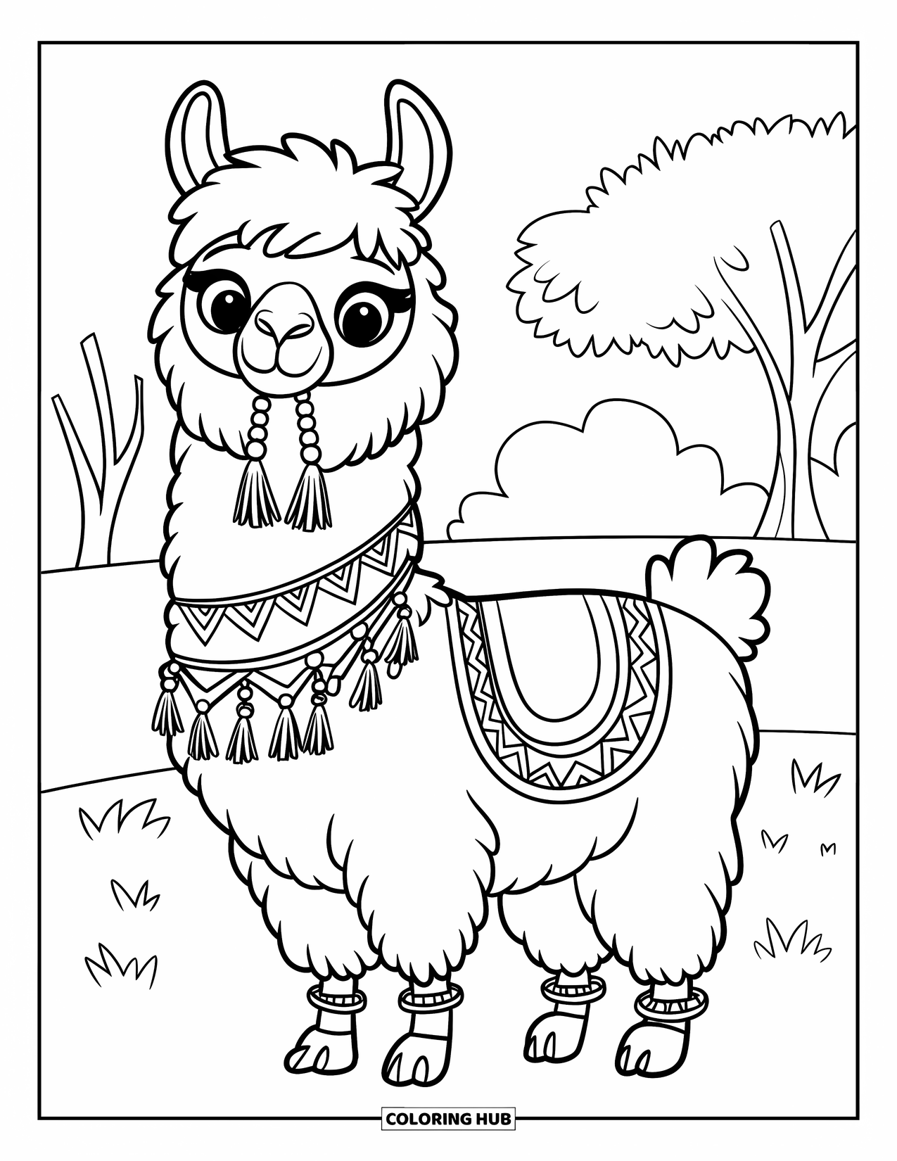 Llama Coloring Page for Kids: A fluffy llama in a scarf and anklets stands calmly by the trees