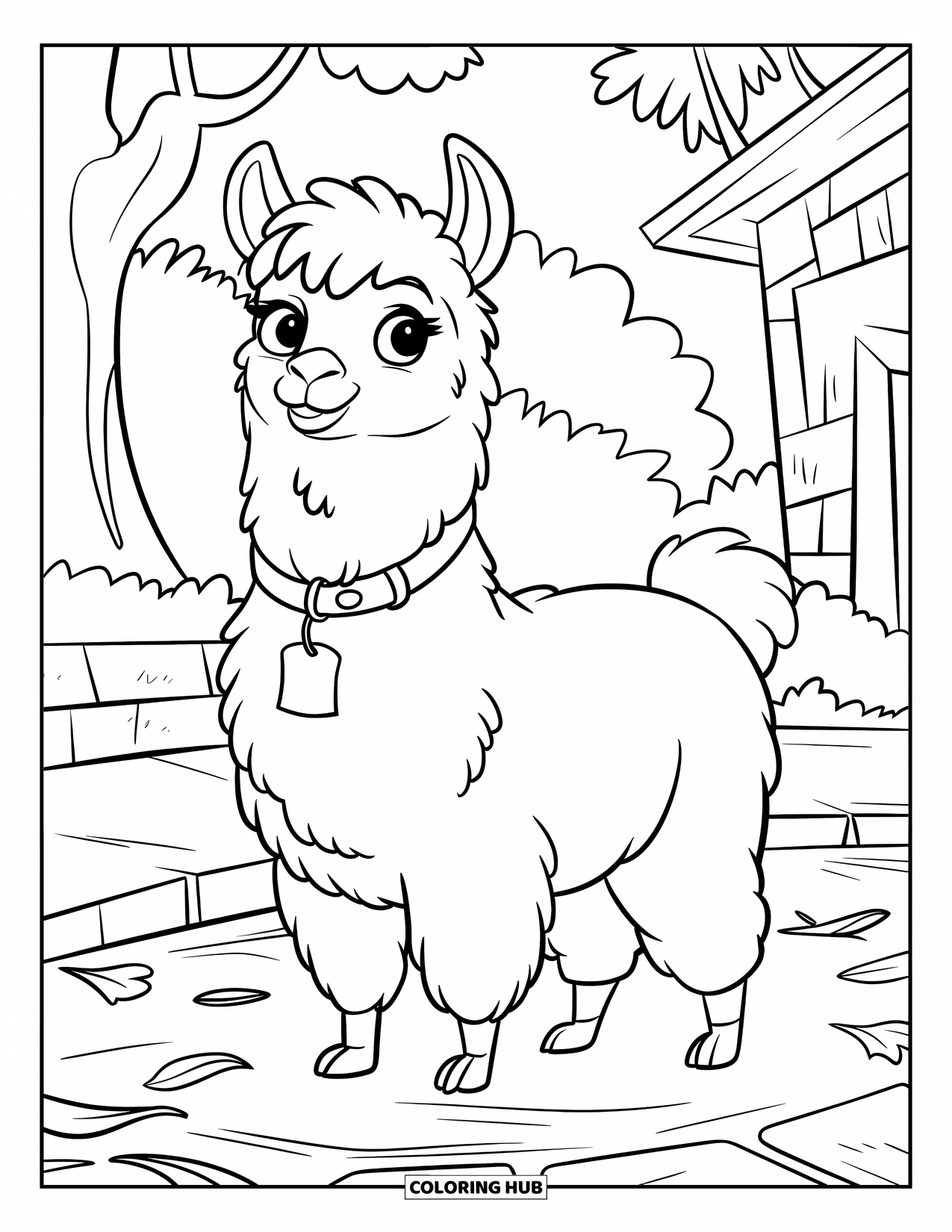 Llama Coloring Page for Kids: A fluffy llama stands on a leaf-covered stone path with trees nearby