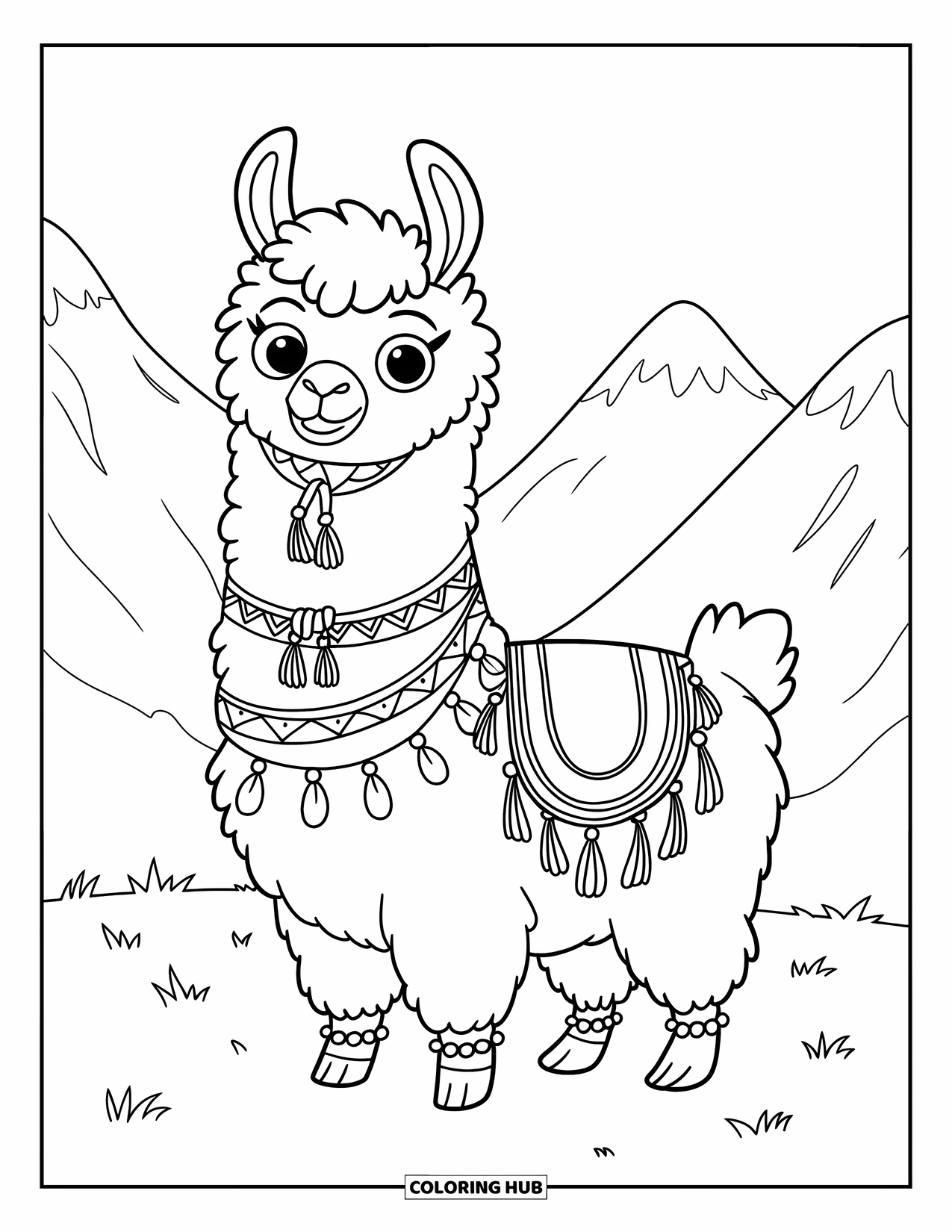 Llama Coloring Page for Kids: A fluffy llama with accessories stands on a grassy field near the mountains