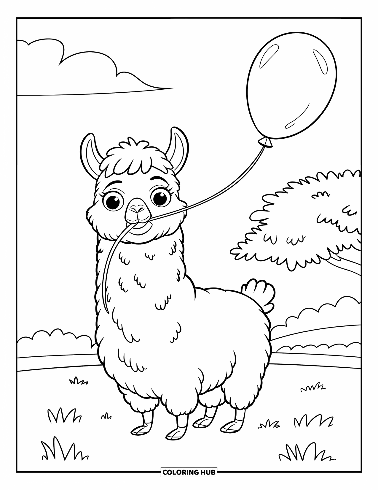 Llama Coloring Page for Kids: A fluffy llama with big eyes stands on grass holding a balloon