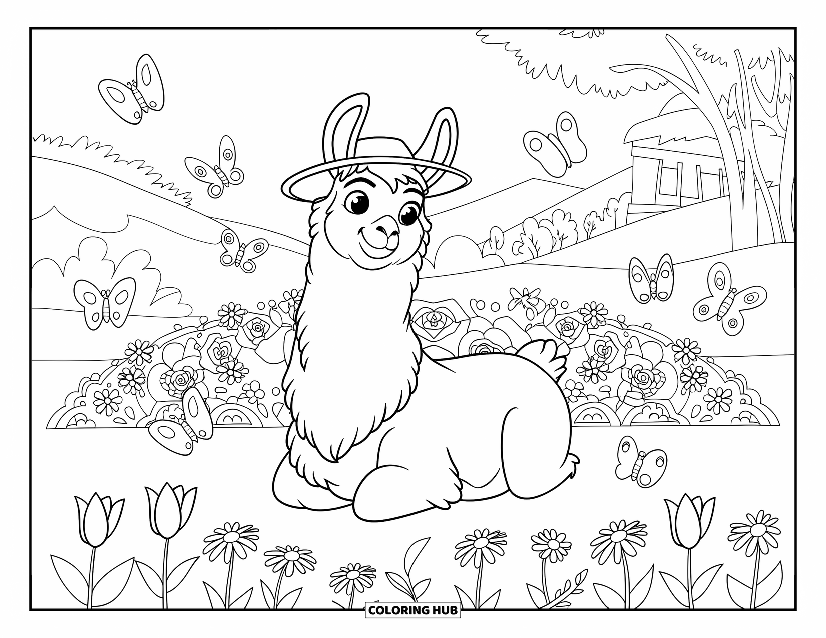 Llama Coloring Page for Kids: A happy llama in a hat enjoys a bright flower garden with fluttering butterflies
