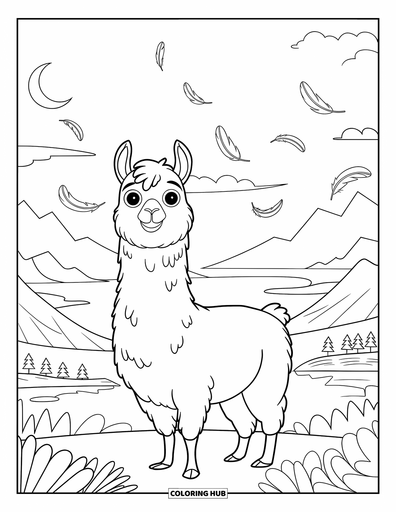 Llama Coloring Page for Kids: A happy llama stands beneath a sky filled with moons and floating feathers