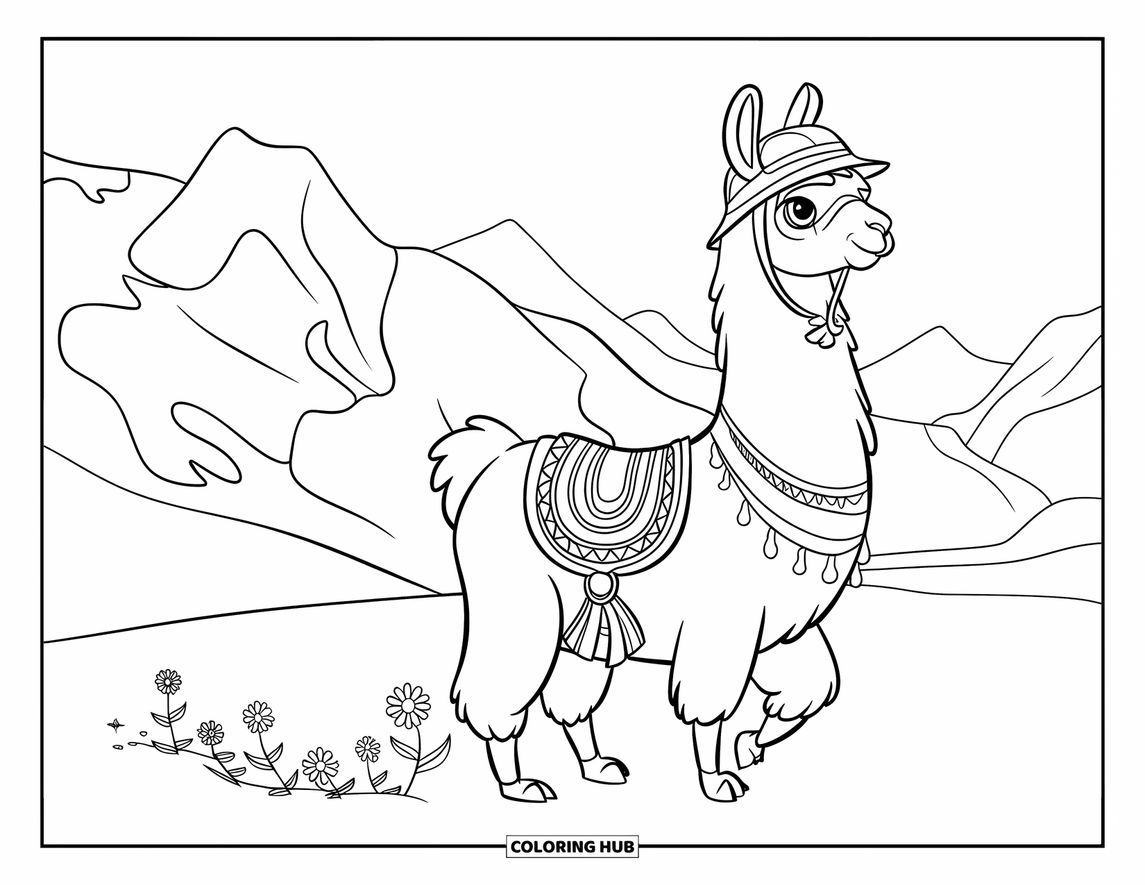 Llama Coloring Page for Kids: A helmeted llama walks a flower path under a sunny mountain sky