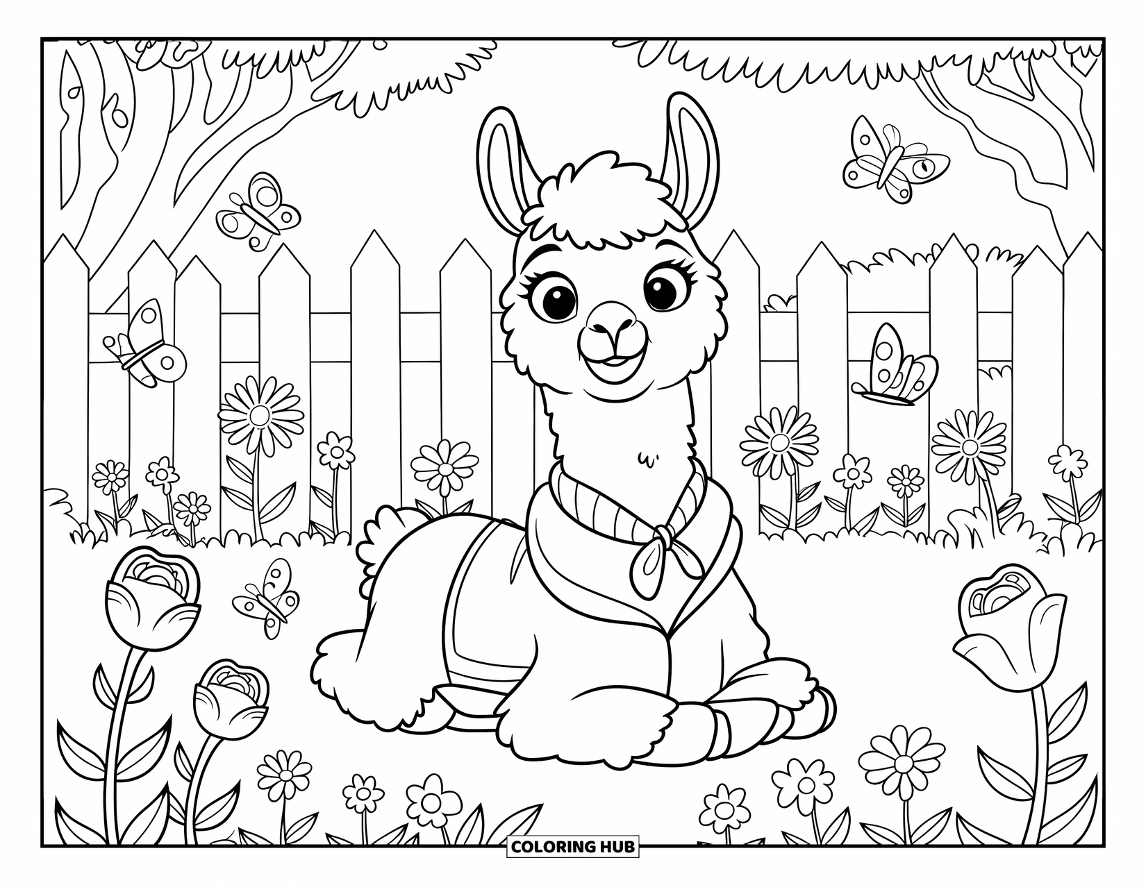 Llama Coloring Page for Kids: A llama in a jacket and scarf lounges among blooming flowers and butterflies