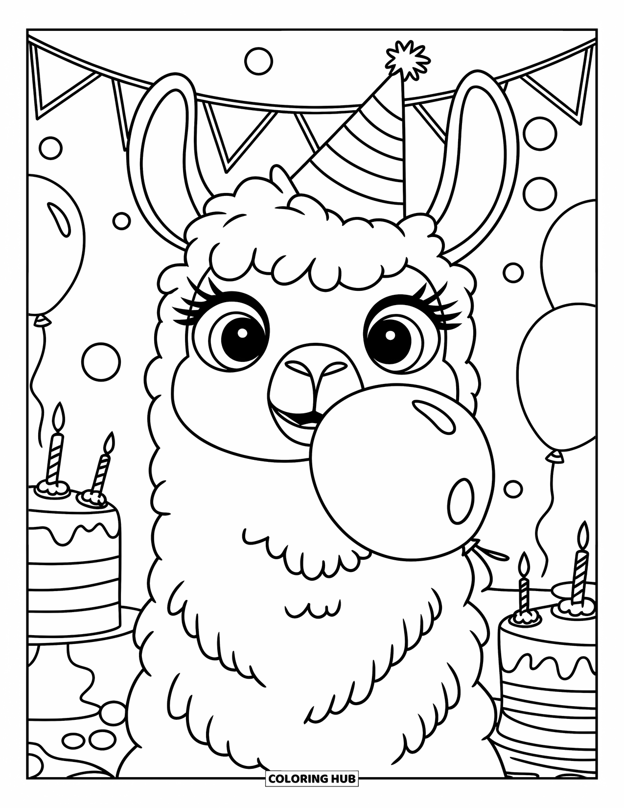 Llama Coloring Page for Kids: A llama in a party hat holds a balloon with festive decorations all around