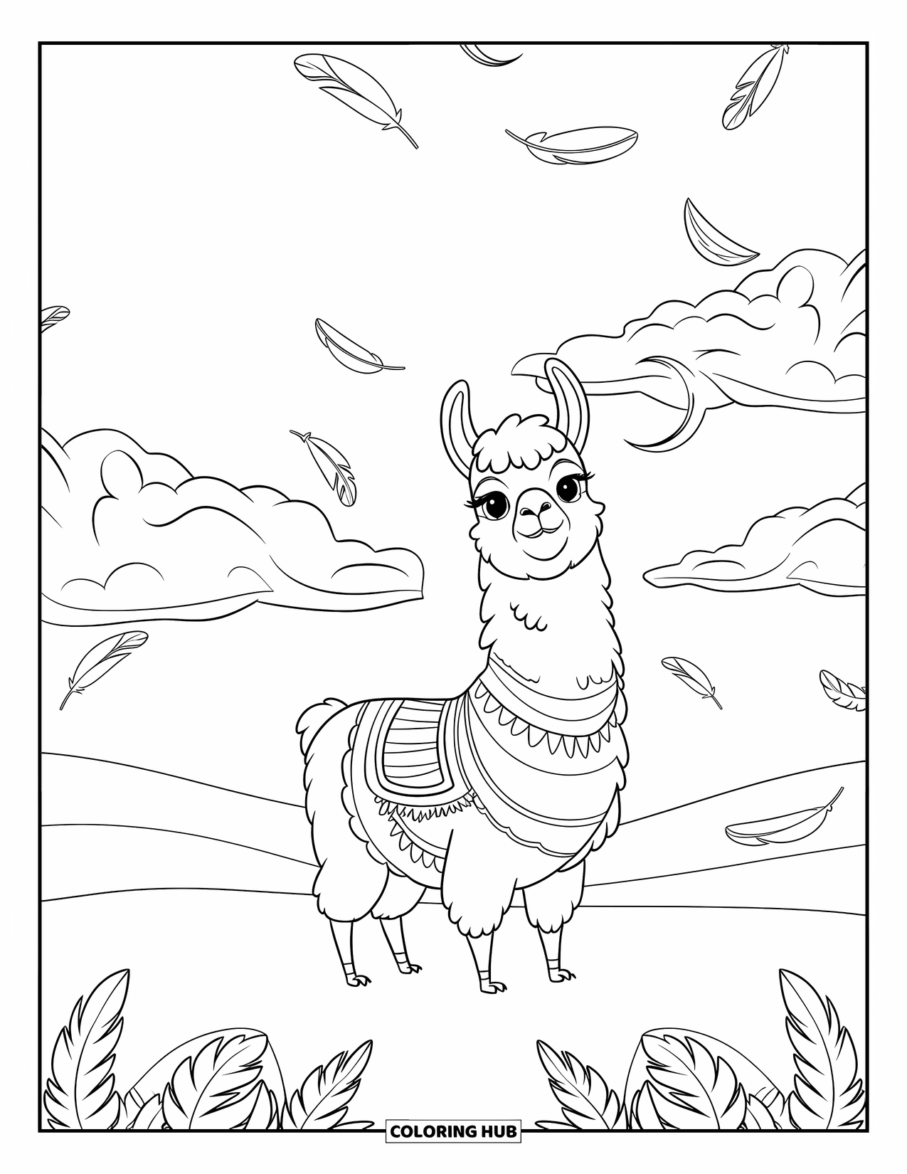 Llama Coloring Page for Kids: A llama in a striped sweater stands under a sky of moons and fluffy clouds