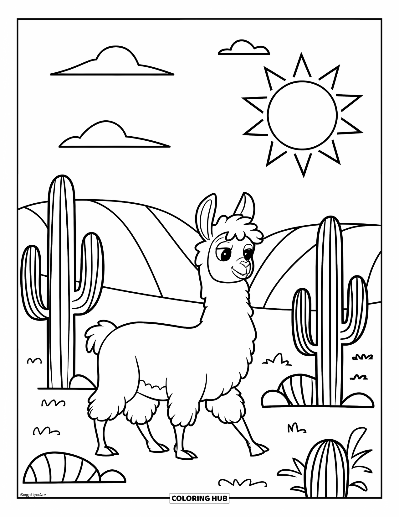 Llama Coloring Page for Kids: A llama walks by cacti under the sun in a wide desert