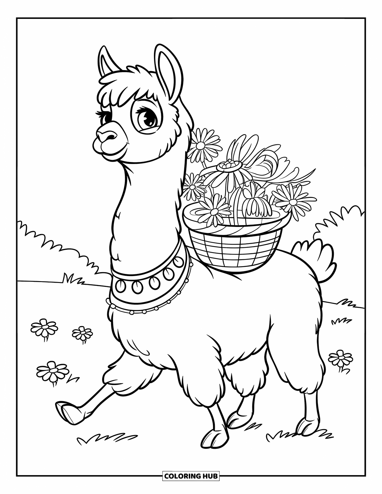 Llama Coloring Page for Kids: A llama with a collar carries flowers while walking across a grassy field