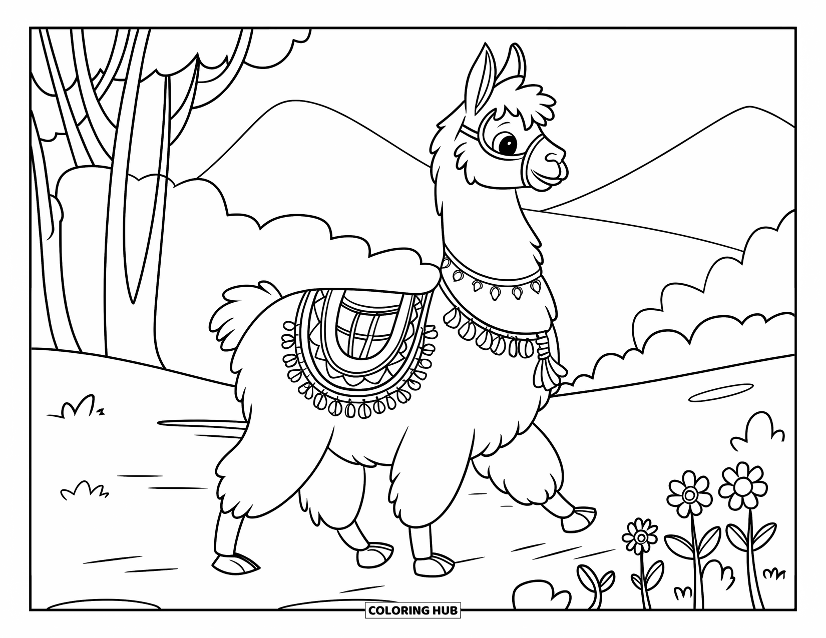 Llama Coloring Page for Kids: A llama with a decorated saddle walks a path surrounded by flowers and trees