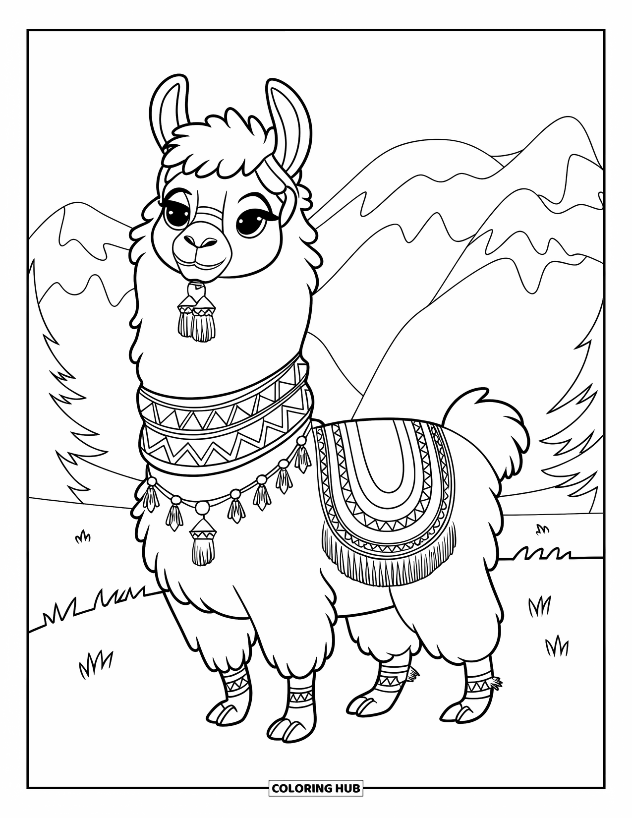 Llama Coloring Page for Kids: A peaceful llama in a tribal scarf and anklets stands among trees and mountains