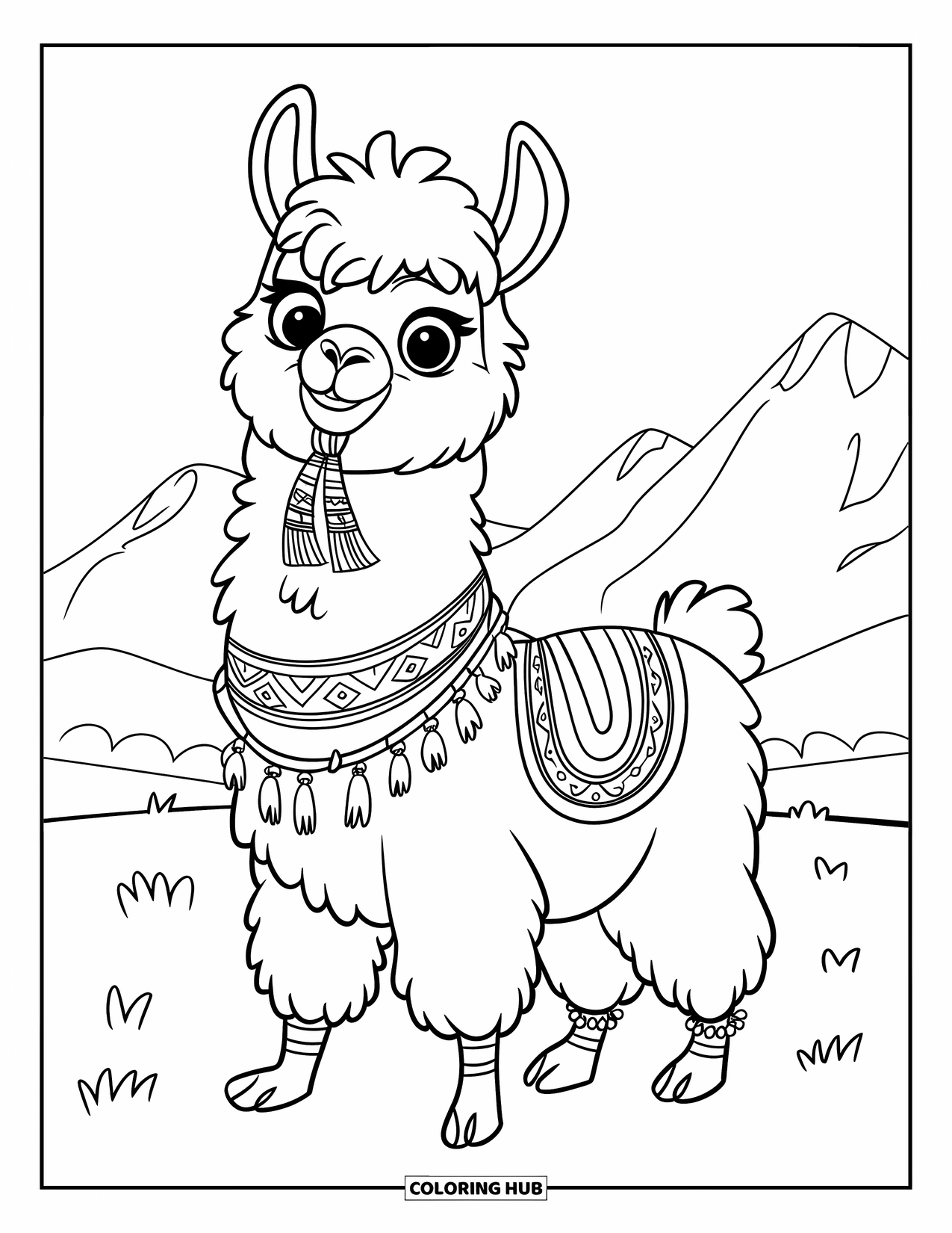 Llama Coloring Page for Kids: A playful llama in anklets and a scarf smiles on a grassy field