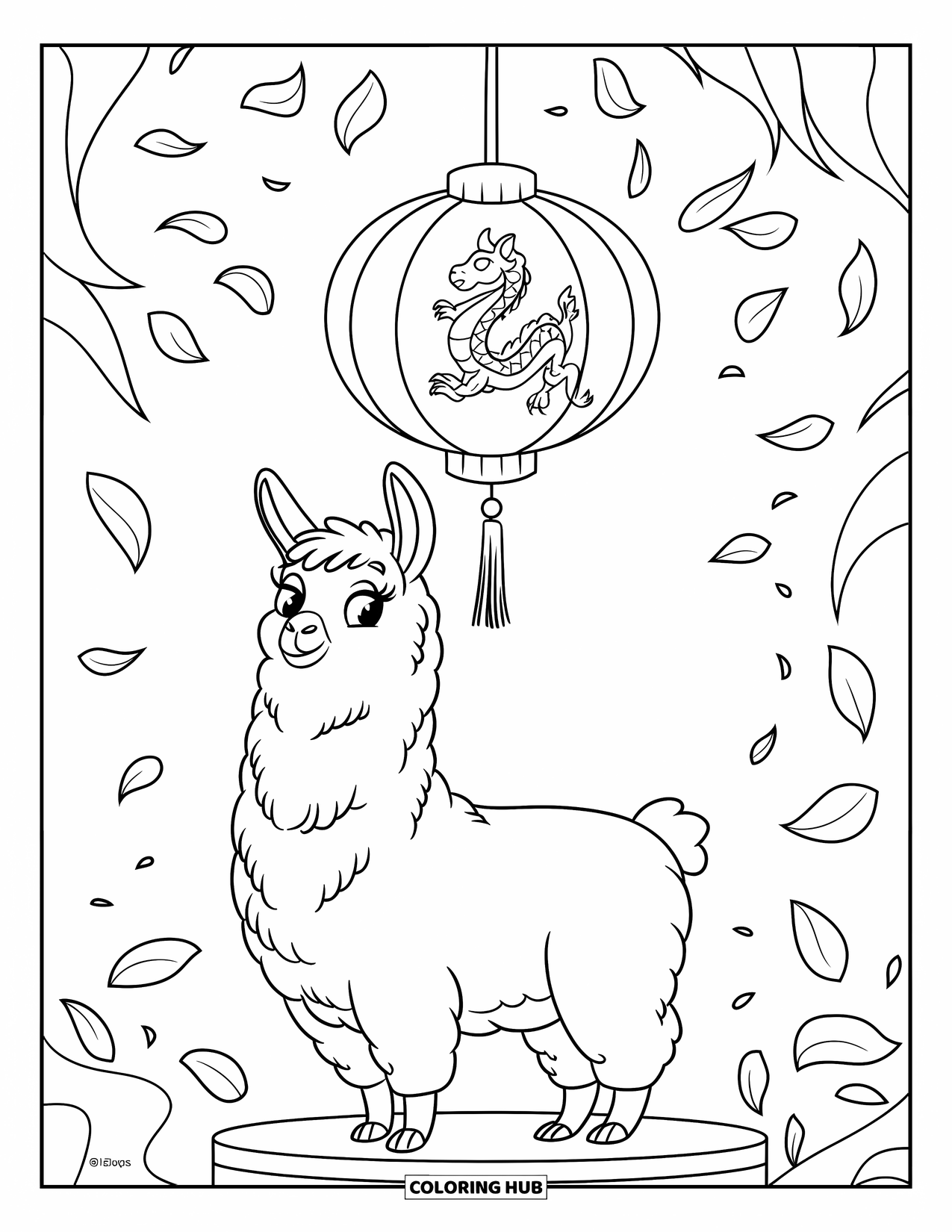 Llama Coloring Page for Kids: A proud llama on a pedestal stands under a dragon lantern and drifting petals