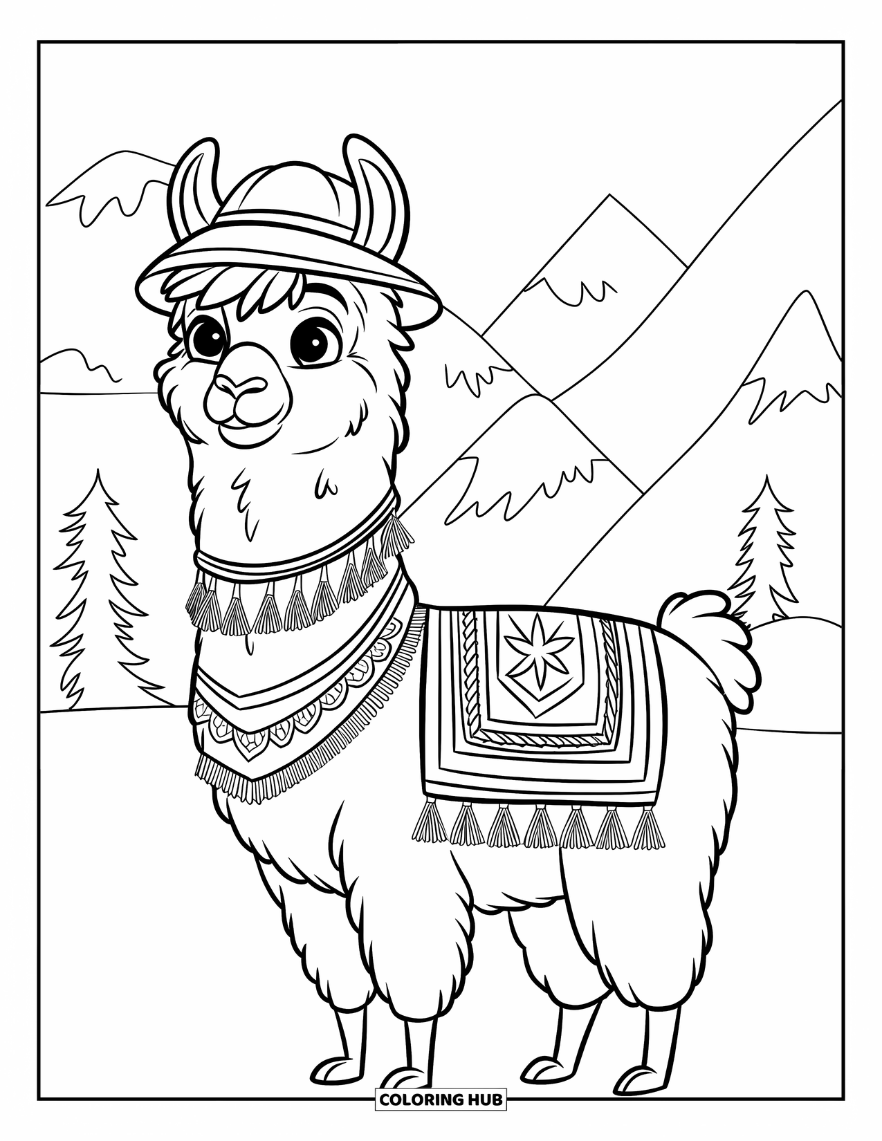 Llama Coloring Page for Kids: A smiling llama in a hat and blanket stands near trees and gentle mountains