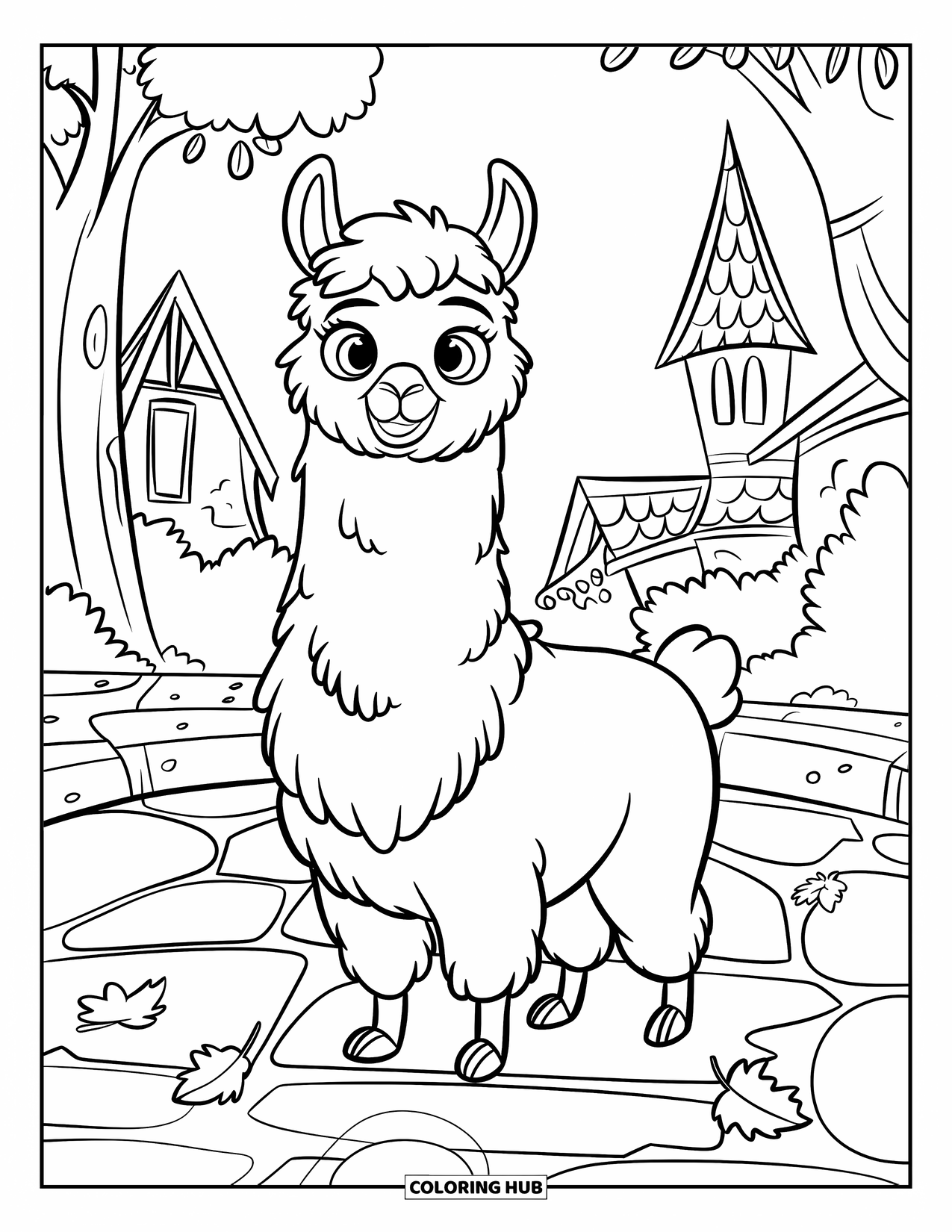 Llama Coloring Page for Kids: A smiling llama stands on a leaf-scattered path near buildings with pointed roofs