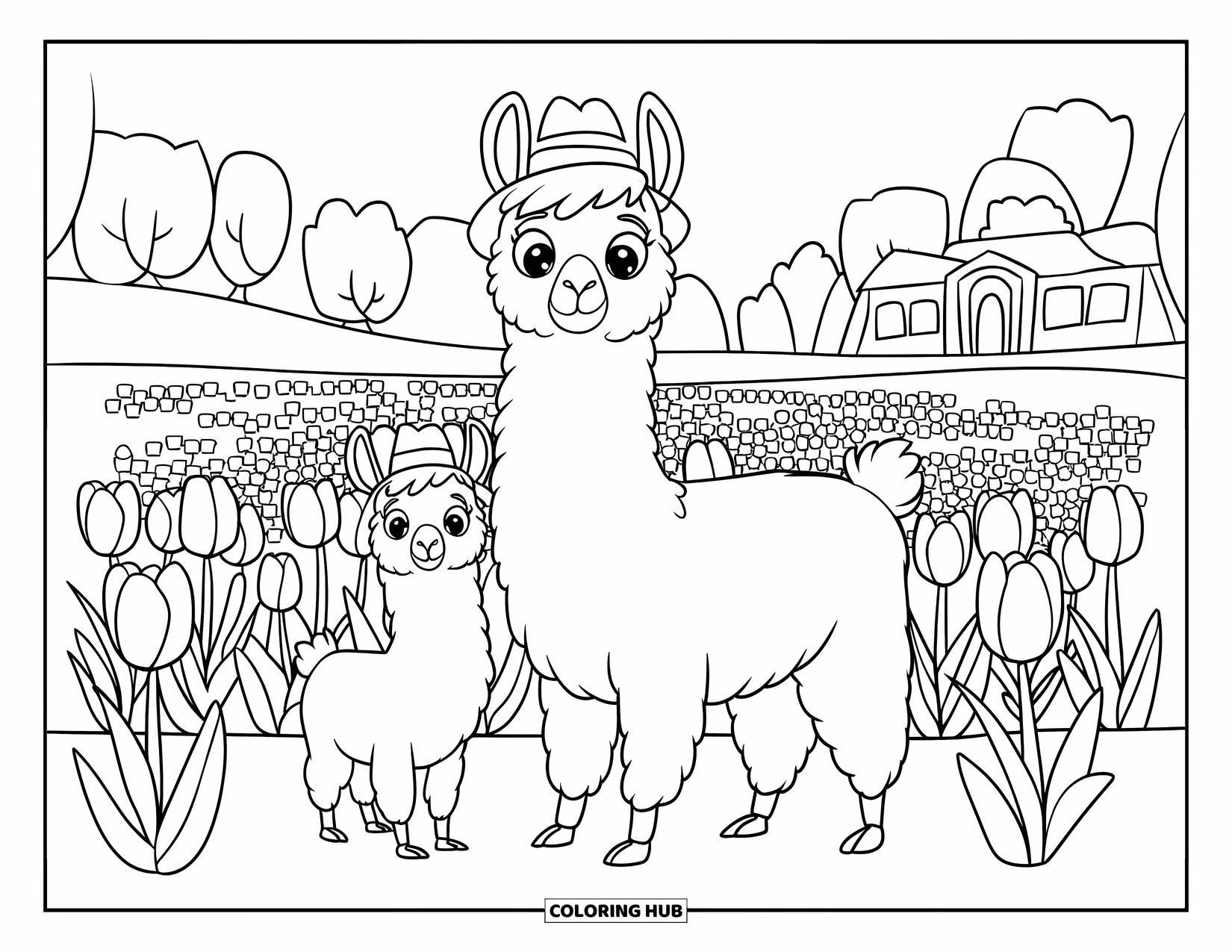 Llama Coloring Page for Kids: Llamas in cute hats stand in a field of tulips near trees and a building