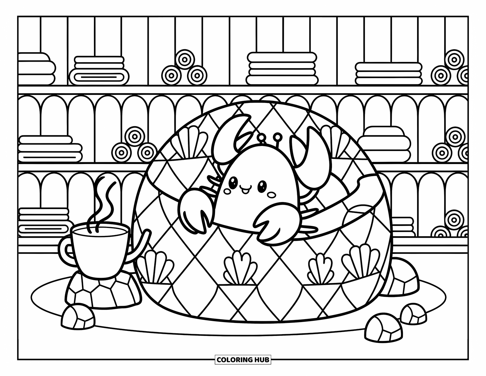 Lobster Coloring Page for Adults: A cozy lobster snuggles in a seaweed quilt with a warm drink by its side