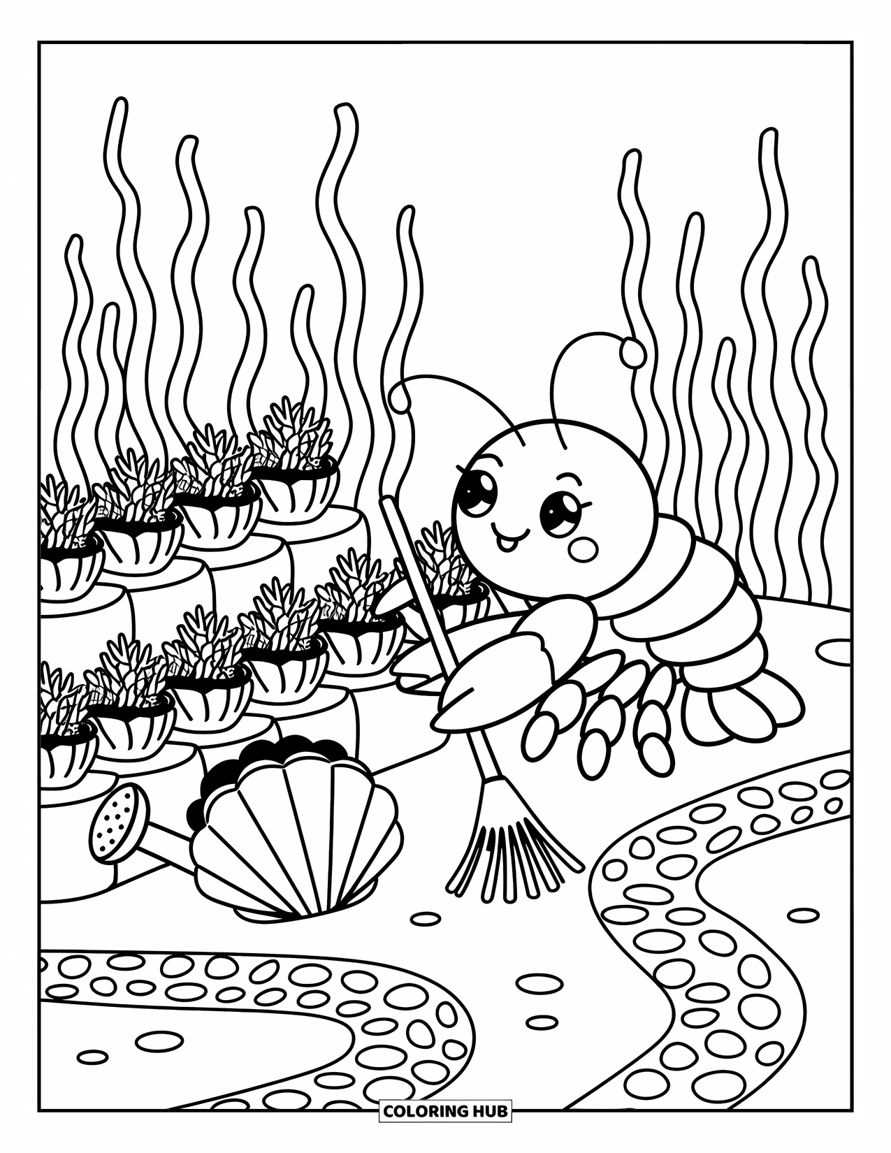 Lobster Coloring Page for Adults: A lobster carefully waters underwater plants in a cozy coral garden